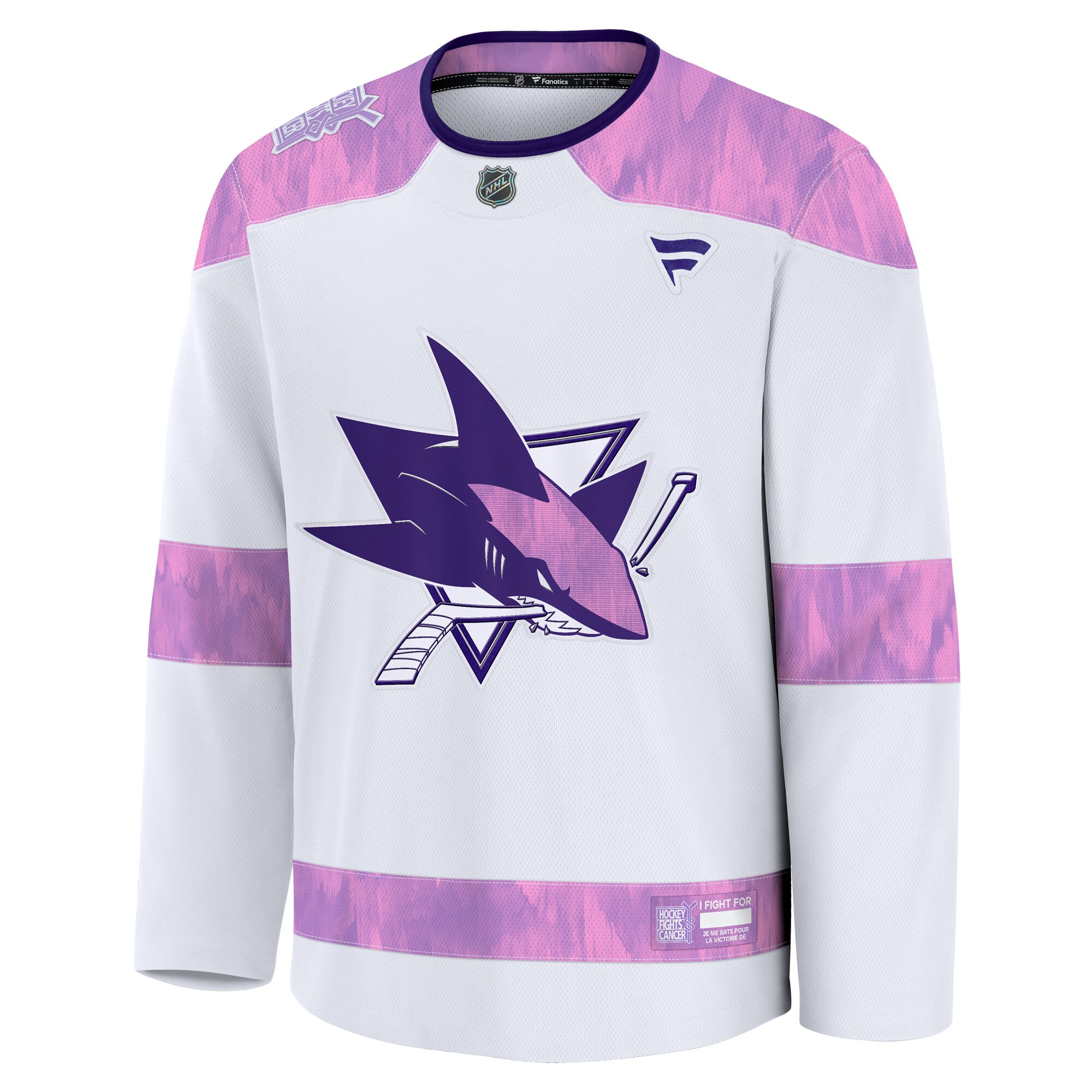 Alternative view of Men's San Jose Sharks White 2024 Hockey Fights Cancer Practice Hockey Jersey - JS798 