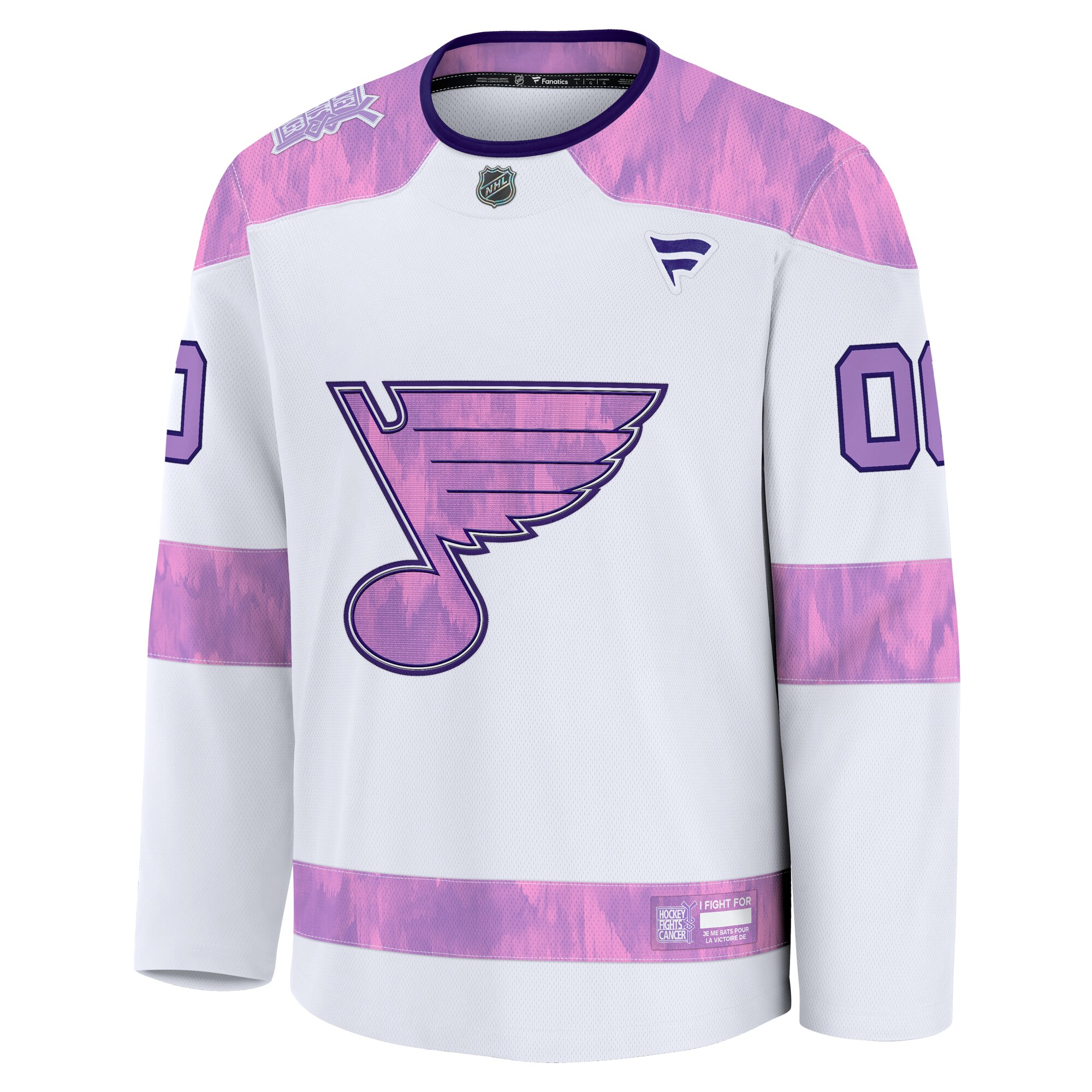 Alternative view of Men's St. Louis Blues White 2024 Hockey Fights Cancer Custom Practice Hockey Jersey - JS596 