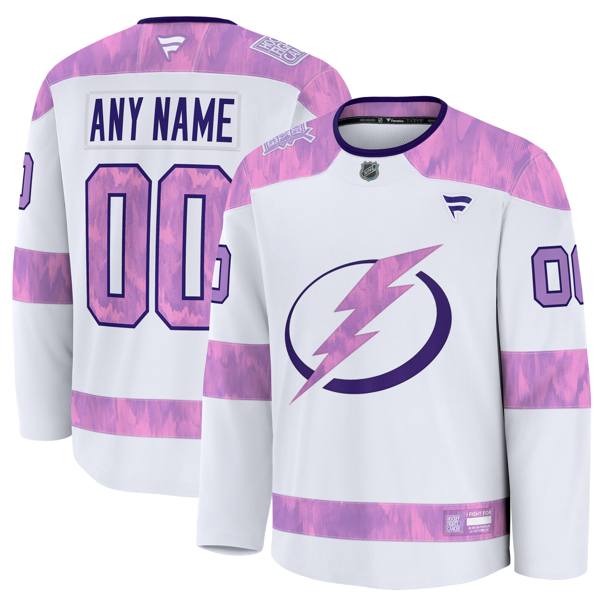 Men's Tampa Bay Lightning White 2024 Hockey Fights Cancer Custom Practice Hockey Jersey - JS909 