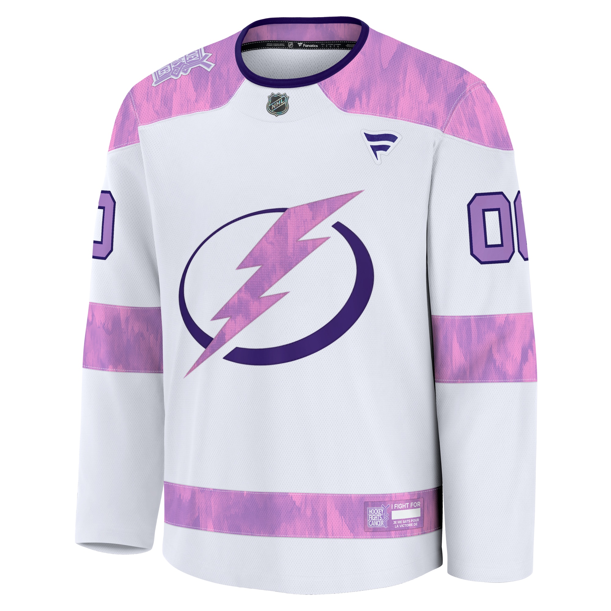 Alternative view of Men's Tampa Bay Lightning White 2024 Hockey Fights Cancer Custom Practice Hockey Jersey - JS909 