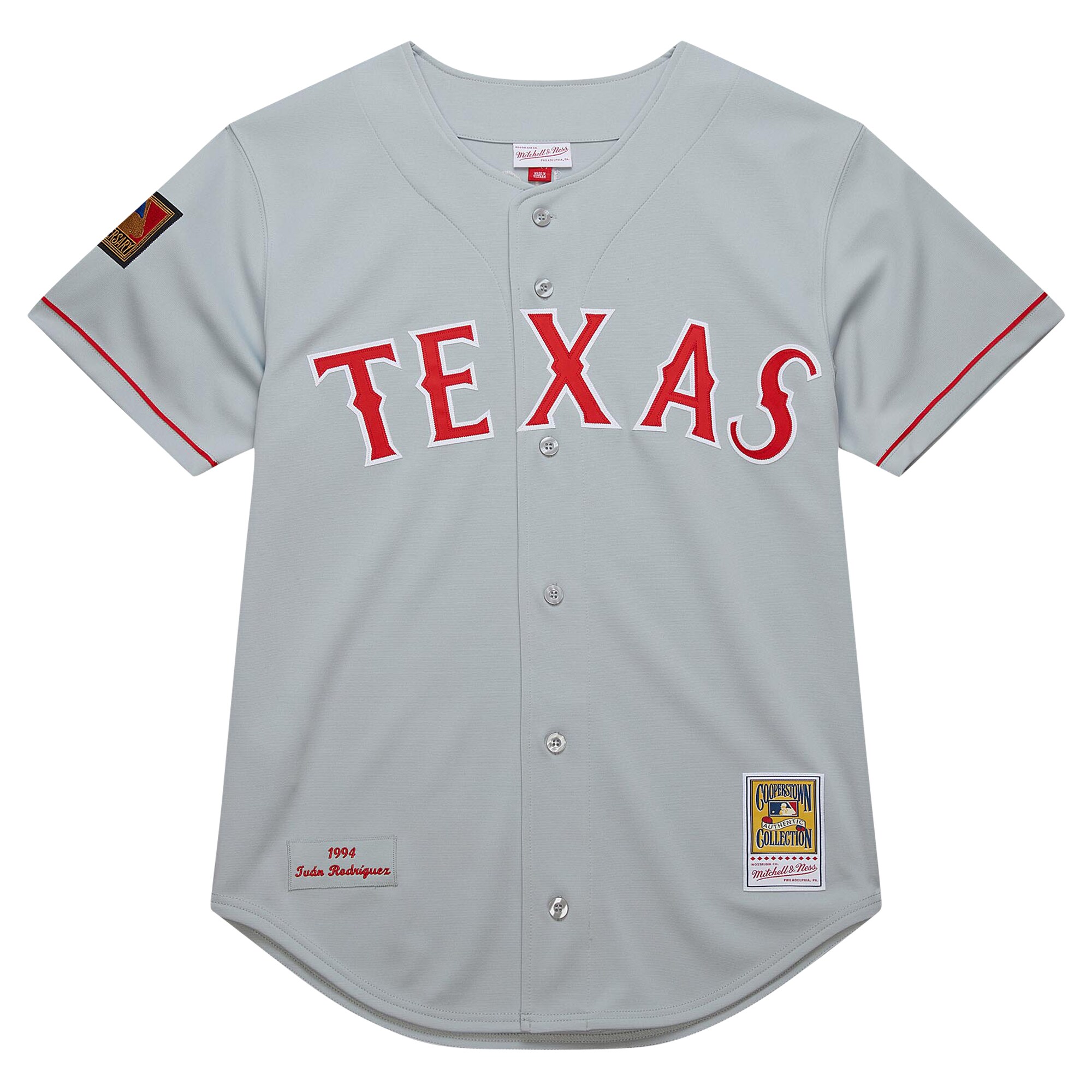 Alternative view of Men's Texas Rangers Ivan Rodriguez Mitchell & Ness Gray 1994 Cooperstown Collection Dark Baseball Jersey - JS823 