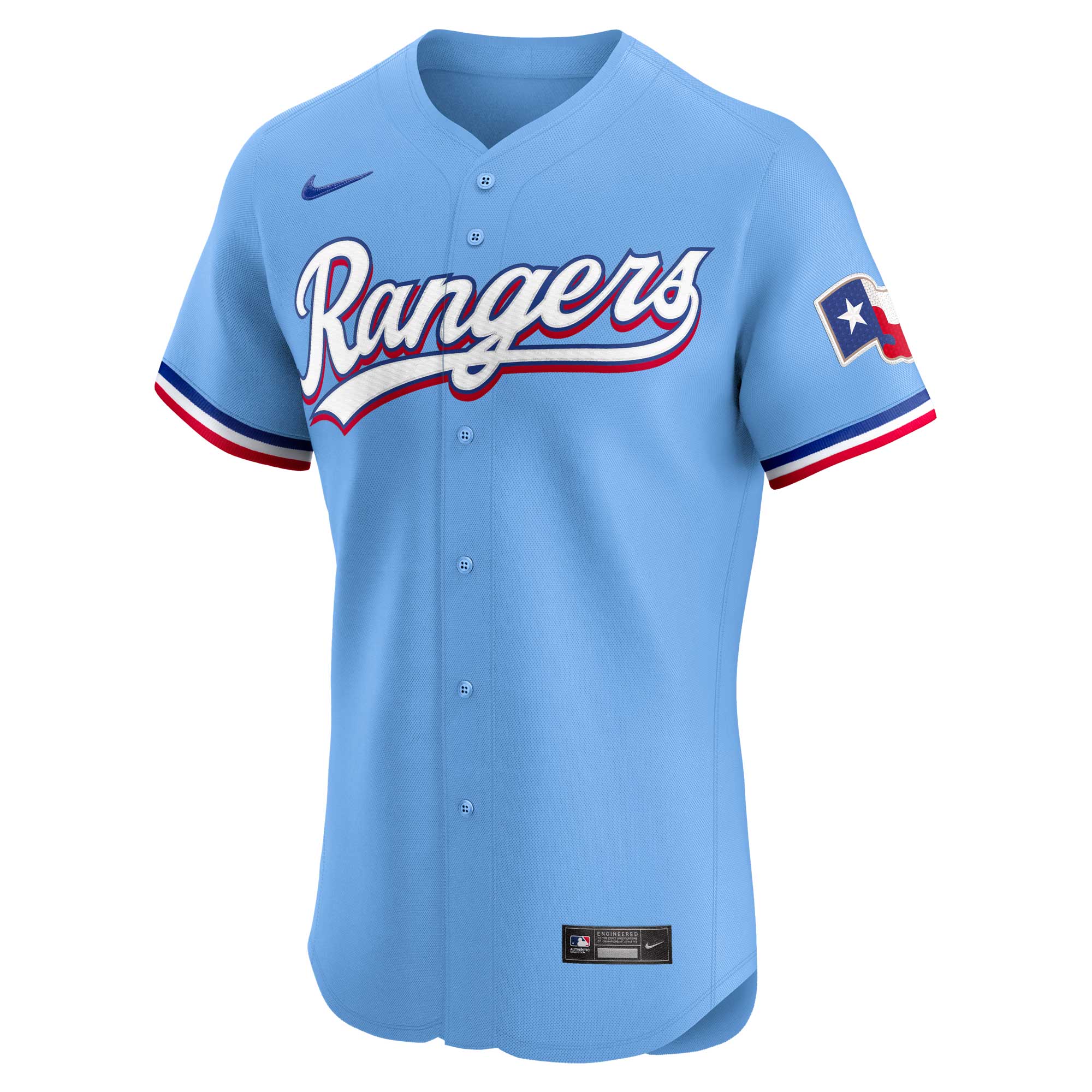 Alternative view of Men's Texas Rangers Light Blue Alternate Vapor Premier Elite Patch Jersey - JS978 