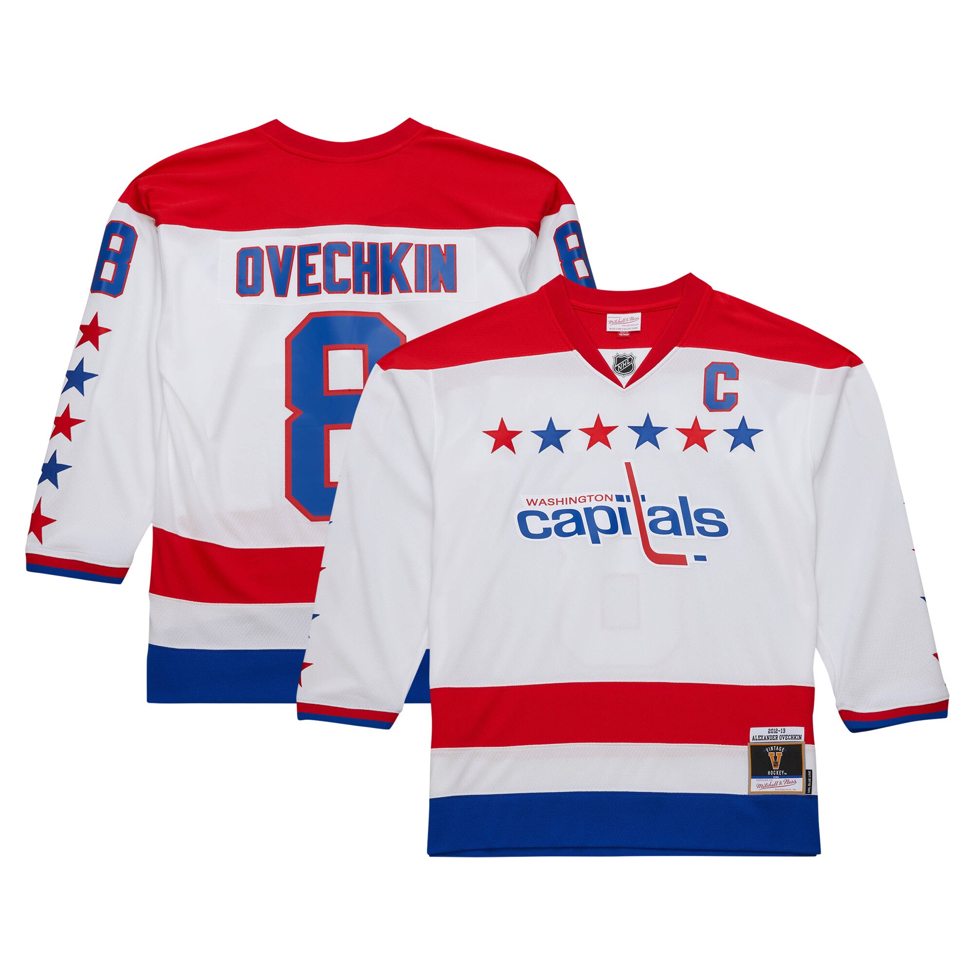 Men's Washington Capitals Alexander Ovechkin Mitchell & Ness White 2012/13 Alternate Captain Blue Line Player Hockey Jersey - JS196 