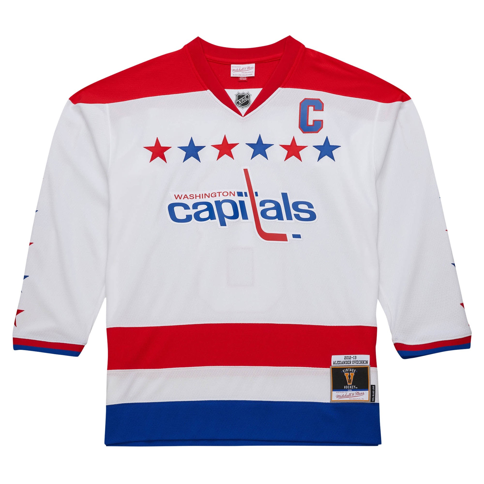 Alternative view of Men's Washington Capitals Alexander Ovechkin Mitchell & Ness White 2012/13 Alternate Captain Blue Line Player Hockey Jersey - JS196 
