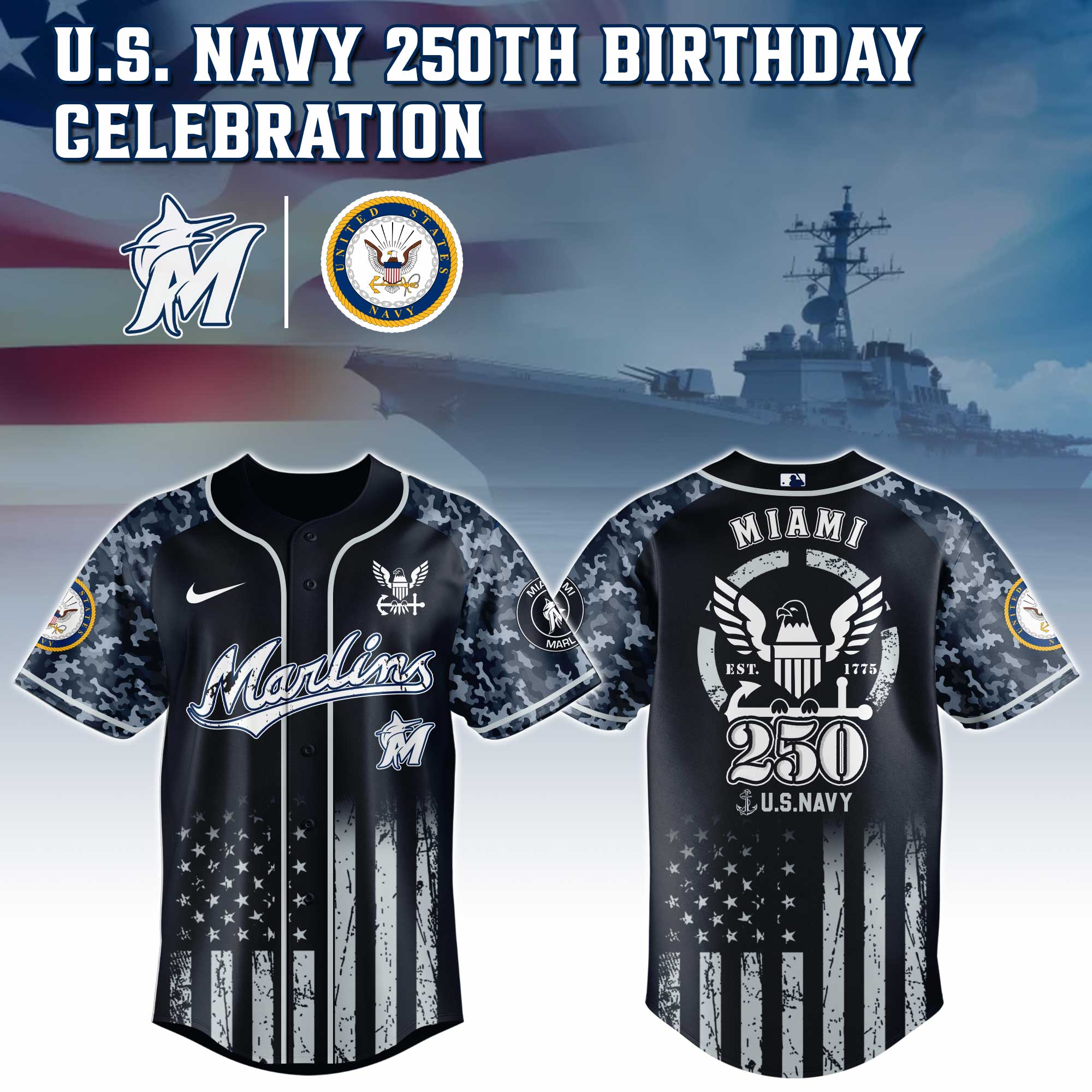 Miami Marlins Mlb X 250 U.s. Navy Custom Baseball Jersey