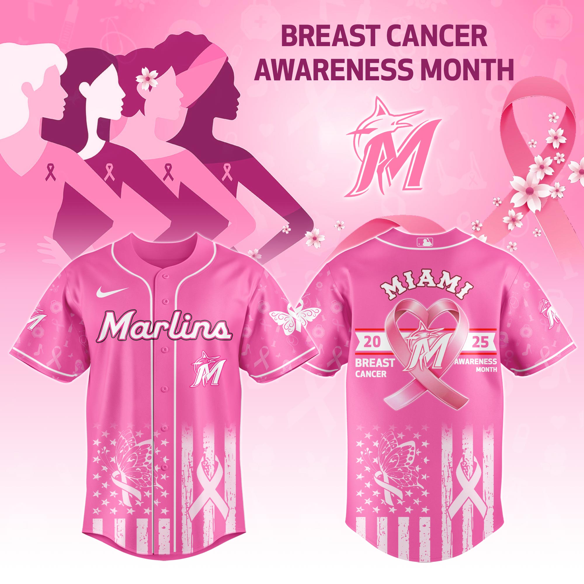 Miami Marlins Mlb X Breast Cancer Awareness Month Custom Baseball Jersey