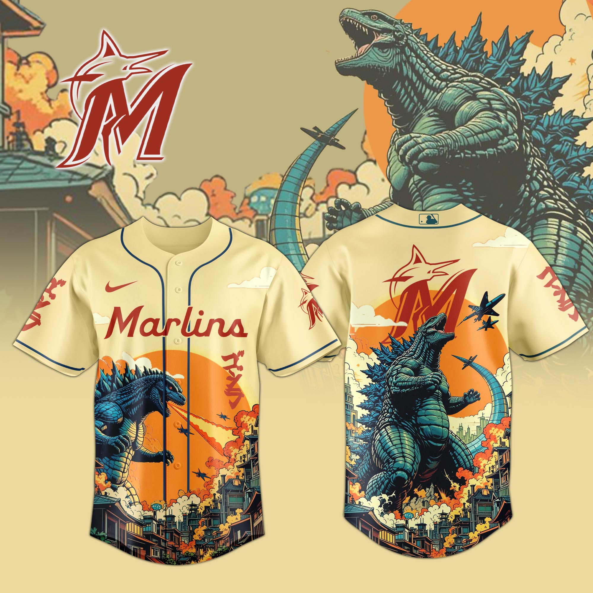 Miami Marlins Mlb X Godzilla Attack Custom Baseball Jersey