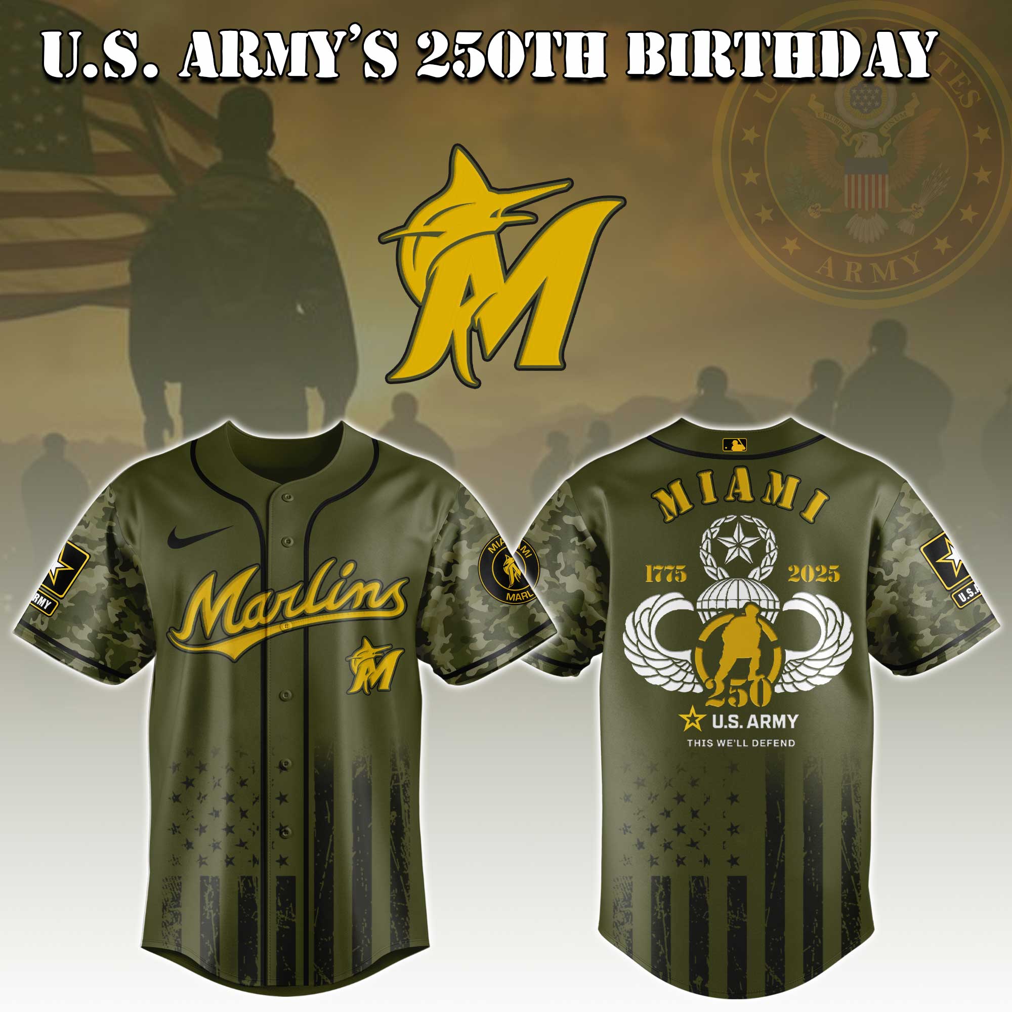 Miami Marlins Mlb X U.s. Army This We'll Defend Custom Baseball Jersey