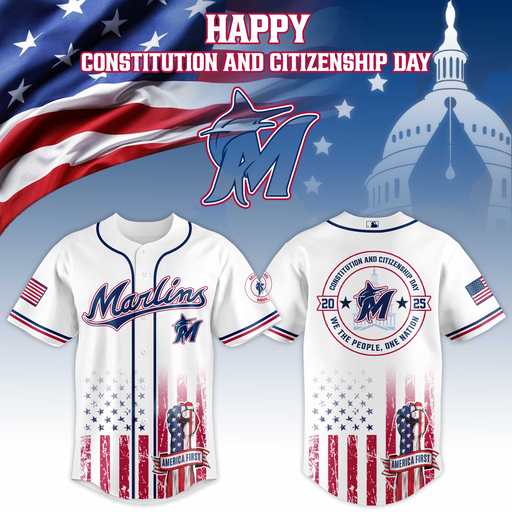 Miami Marlins Mlb X Usa Happy Constitution And Citizenship Day Custom Baseball Jersey