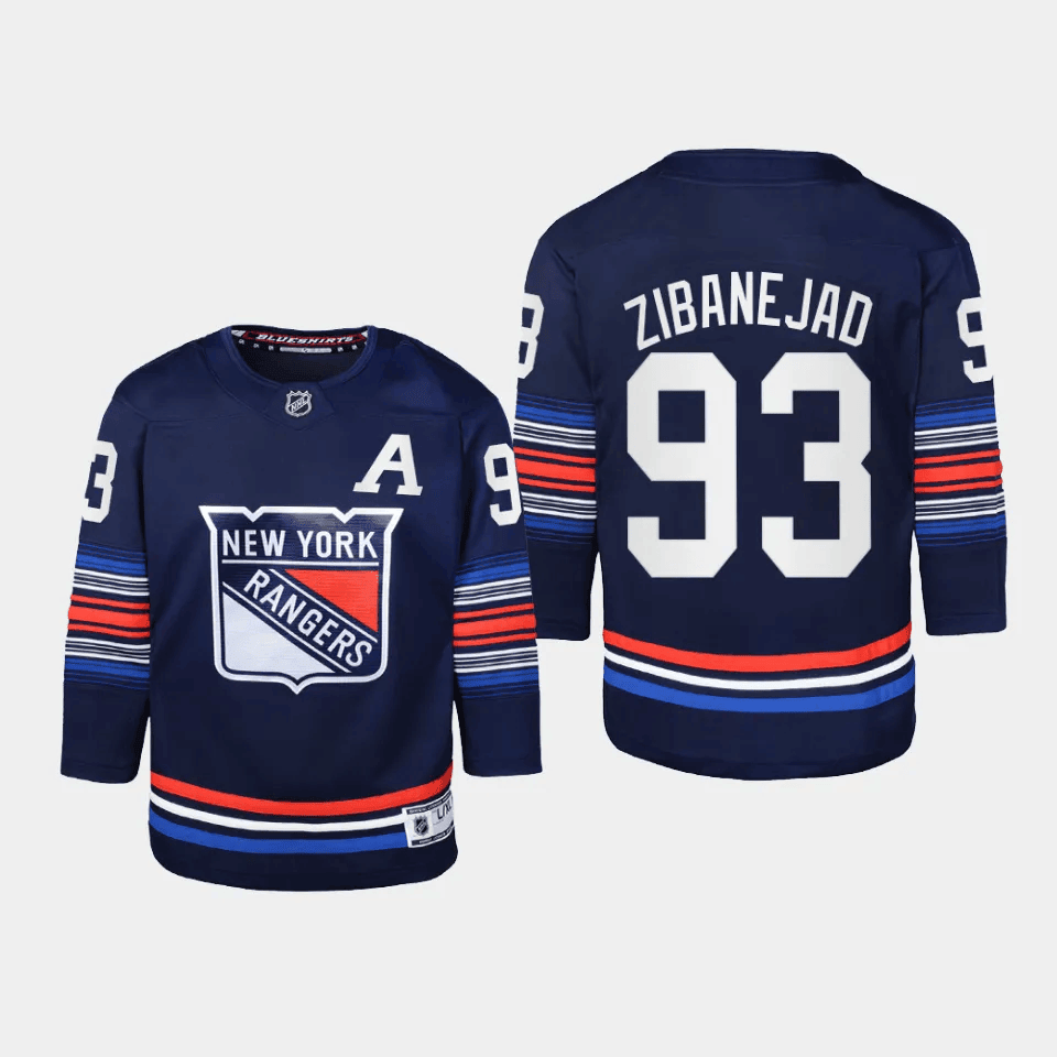 Alternative view of Mika Zibanejad 93 New York Rangers 2024 Alternate Third Youth Hockey Jersey - Navy - JS252 