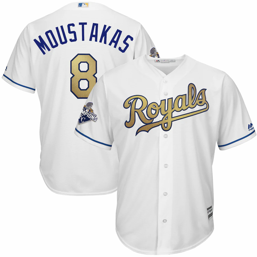 Mike Moustakas Kansas City Royals Majestic 2015 World Series Champions Gold Program Cool Base Player Baseball Jersey – White