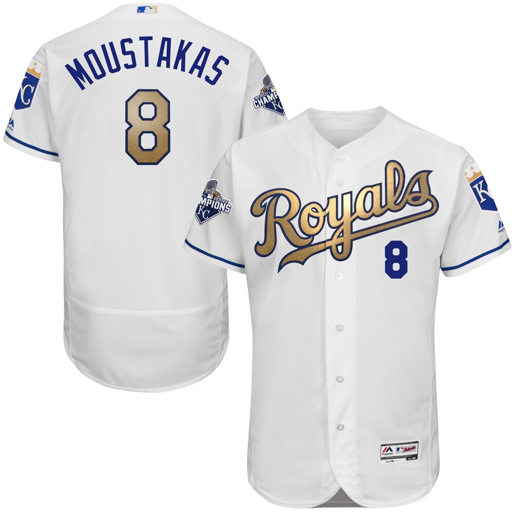 Mike Moustakas Kansas City Royals Majestic Home 2015 World Series Champions Gold Program Flex Base Player Baseball Jersey - White
