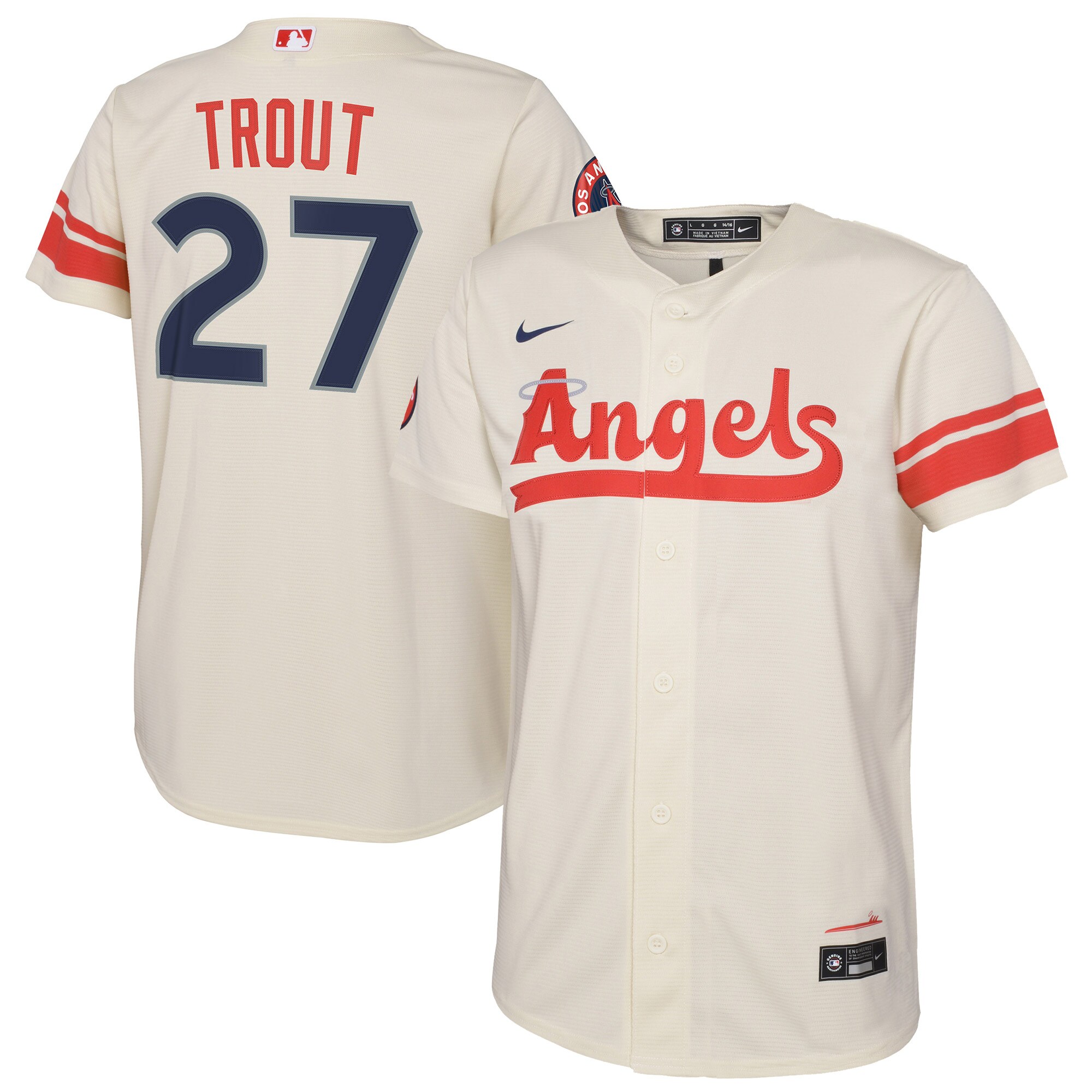 Alternative view of Mike Trout Los Angeles Angels Youth 2022 City Connect Replica Player Baseball Jersey - Cream