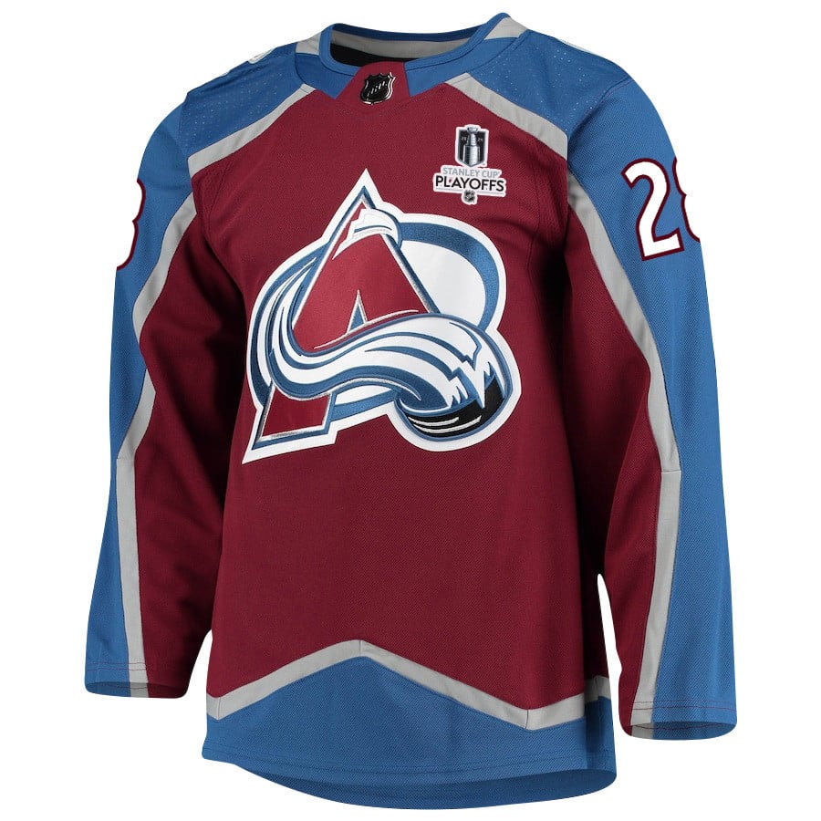 Alternative view of Miles Wood 28 Colorado Avalanche 2024 NHL Playoffs Patch Home Hockey Jersey - Men - JS491 