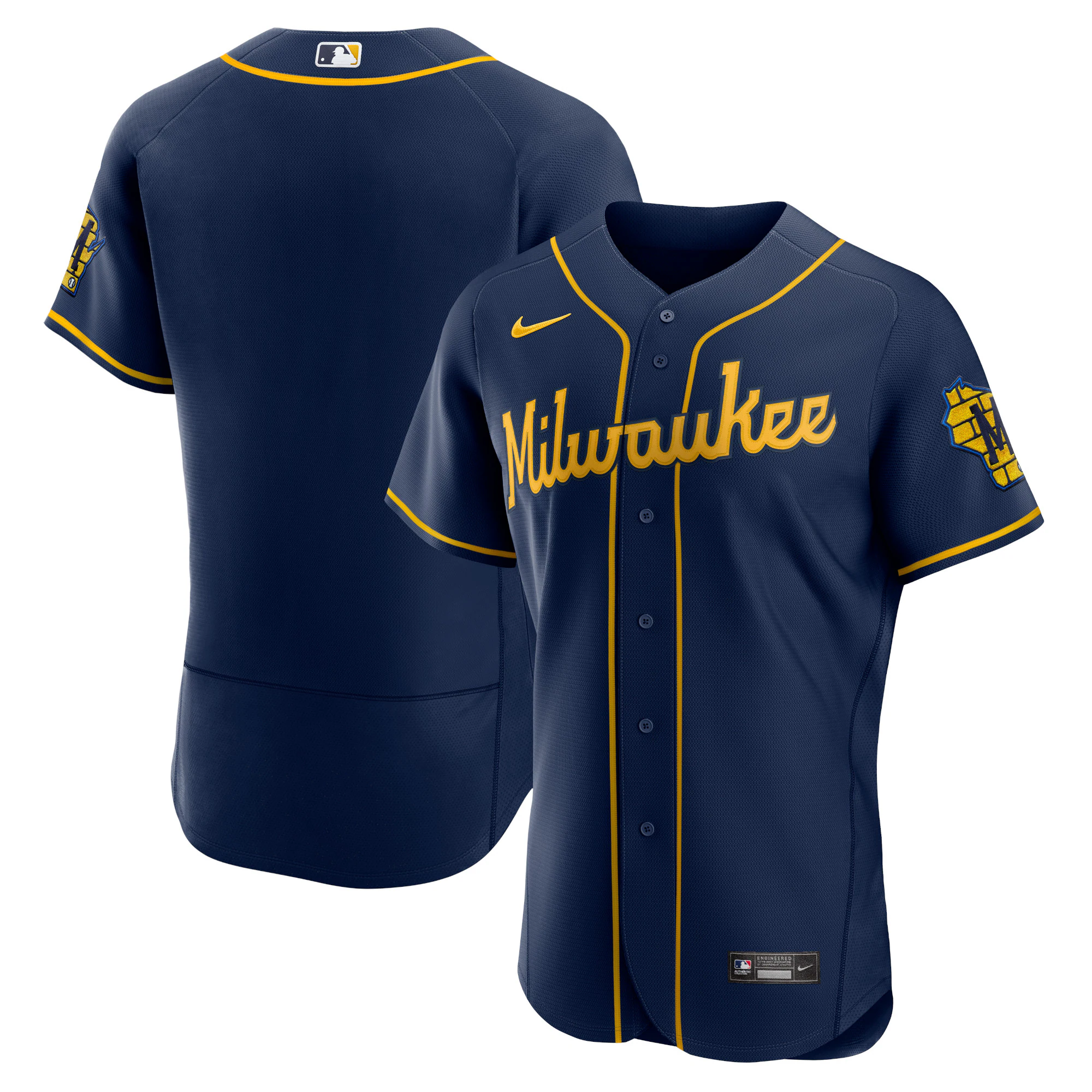Alternative view of Milwaukee Brewers Alternate Authentic Team Logo Baseball Jersey – Navy