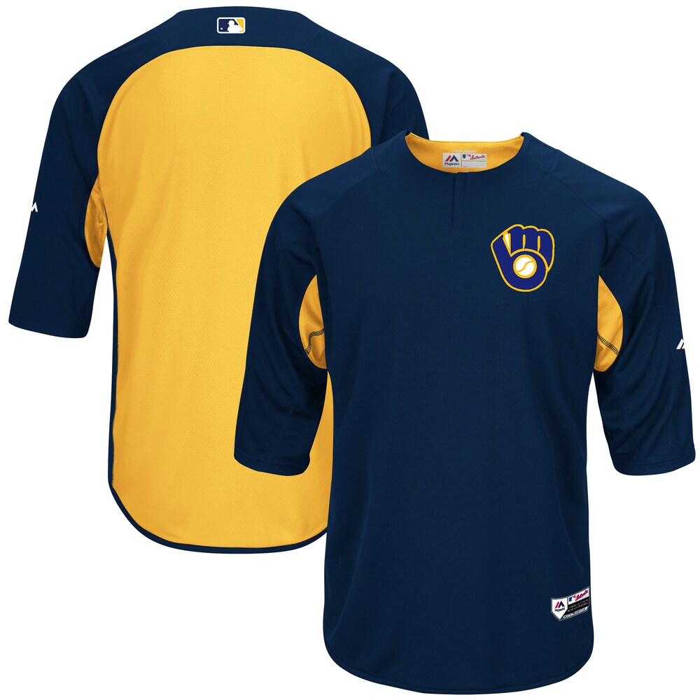 Milwaukee Brewers Majestic Collection On-field 3/4-sleeve Batting Practice Baseball Jersey - Navy/yellow