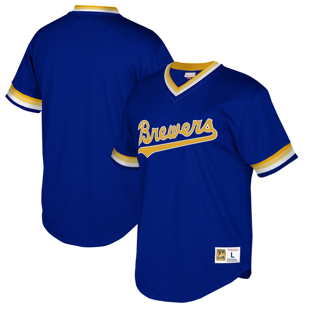 Milwaukee Brewers Mitchell & Ness Cooperstown Collection Mesh Wordmark V-neck Baseball Jersey - Royal