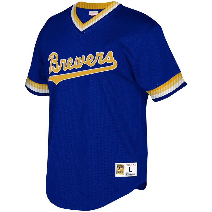 Alternative view of Milwaukee Brewers Mitchell & Ness Youth Cooperstown Collection Mesh Wordmark V-neck Baseball Jersey - Royal