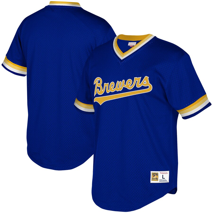Milwaukee Brewers Mitchell & Ness Youth Cooperstown Collection Mesh Wordmark V-neck Baseball Jersey - Royal