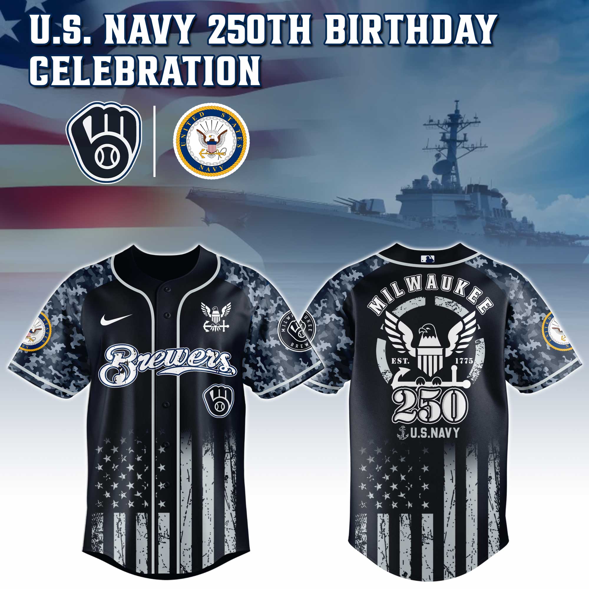Milwaukee Brewers Mlb X 250 U.s. Navy Custom Baseball Jersey