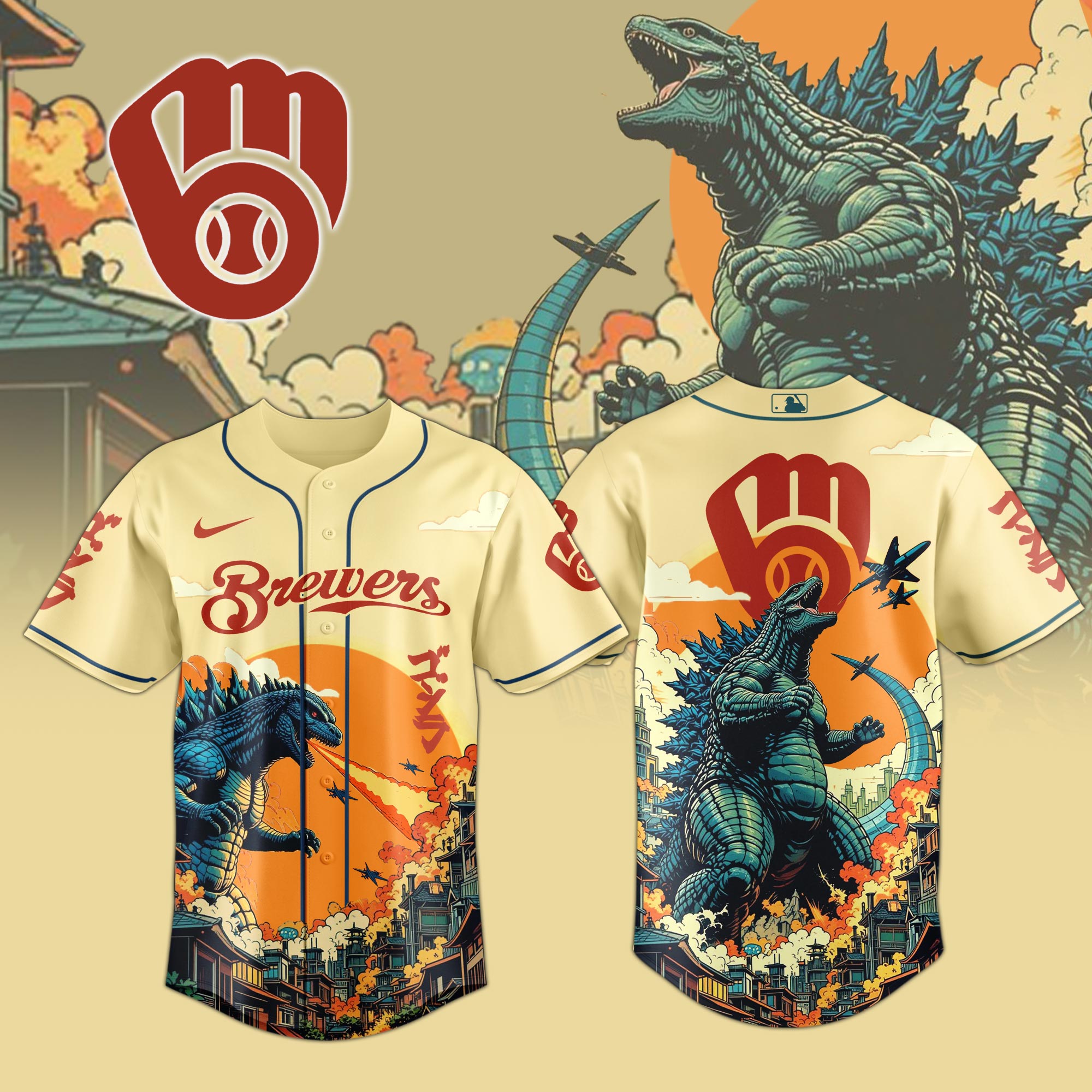 Milwaukee Brewers Mlb X Godzilla Attack Custom Baseball Jersey