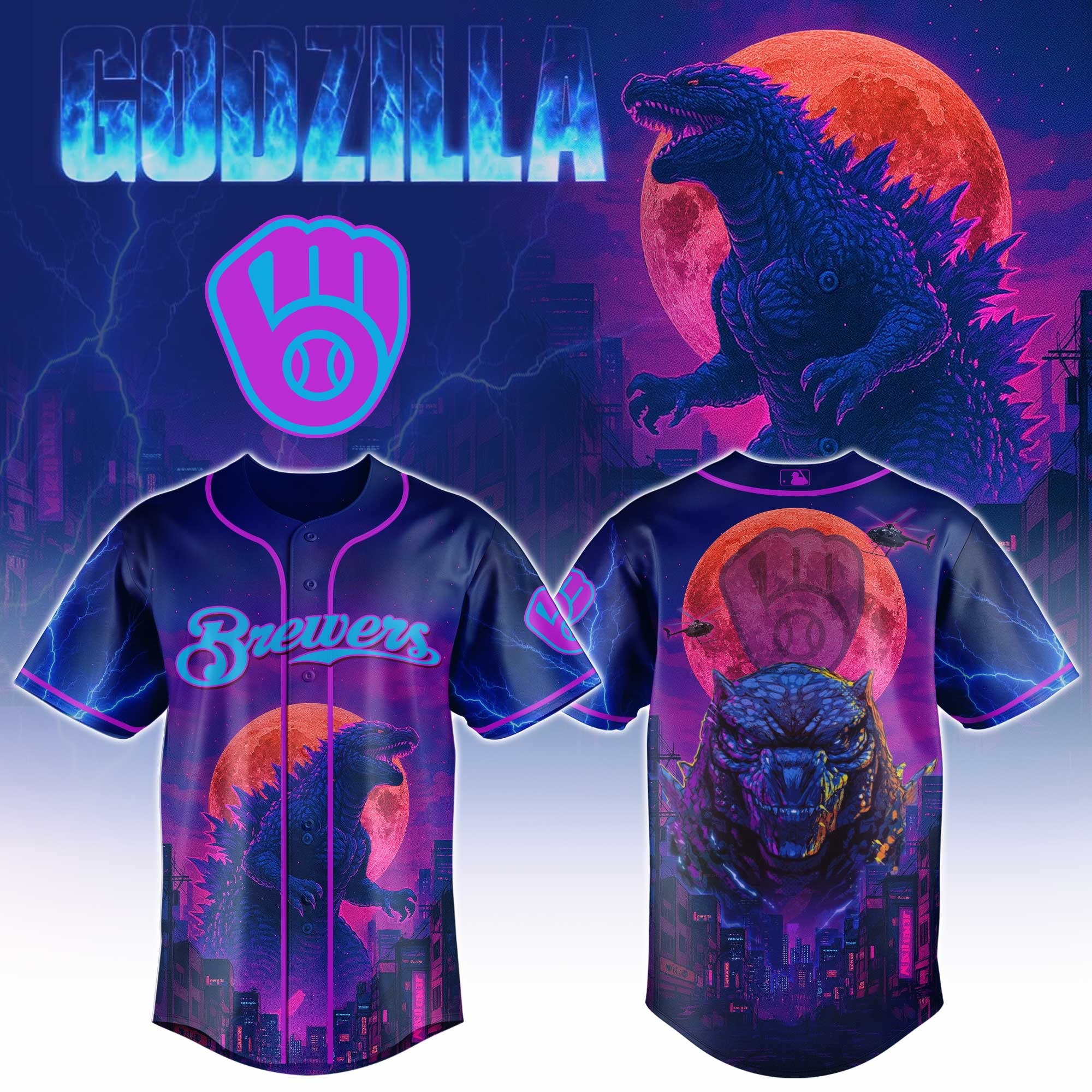 Milwaukee Brewers Mlb X Godzilla Neon City Custom Baseball Jersey