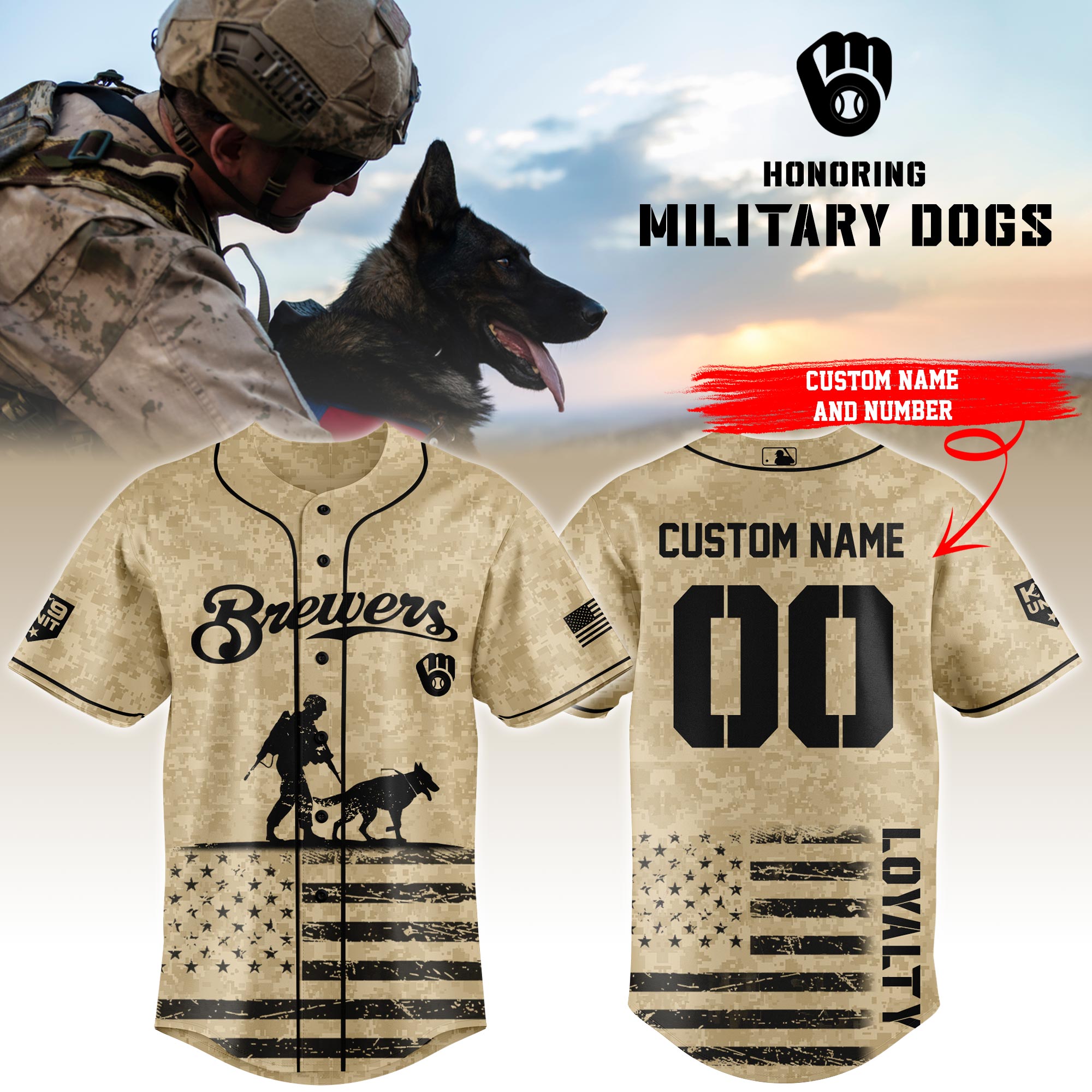 Milwaukee Brewers Mlb X Honoring Military Dogs Custom Baseball Jersey Custom Name And Number