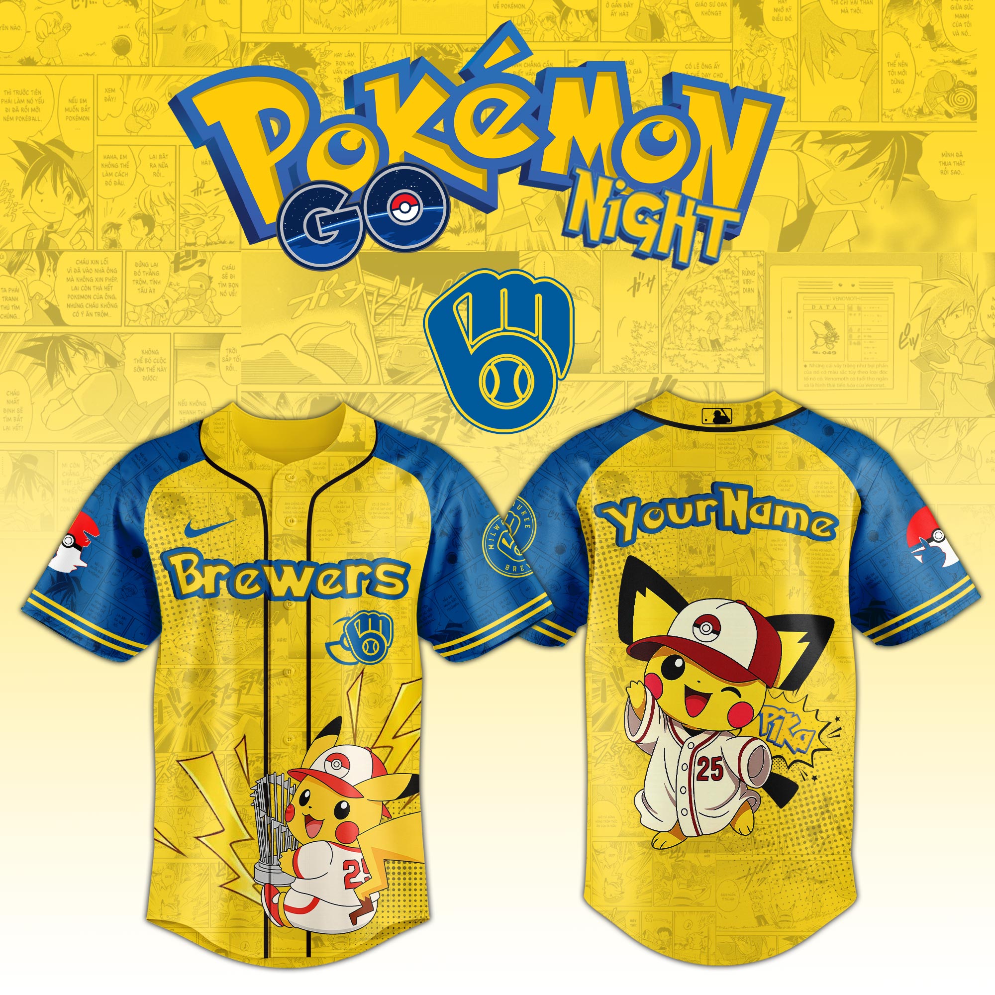 Milwaukee Brewers Mlb X Pokemon Pichu Pikachu Custom Baseball Jersey Custom Name