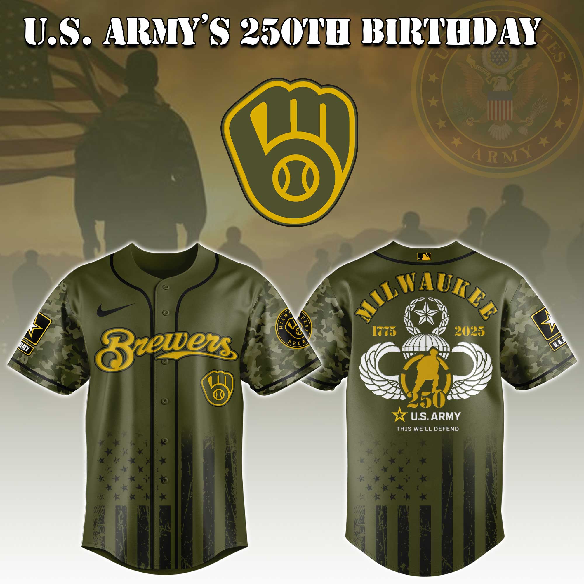 Milwaukee Brewers Mlb X U.s. Army This We'll Defend Custom Baseball Jersey
