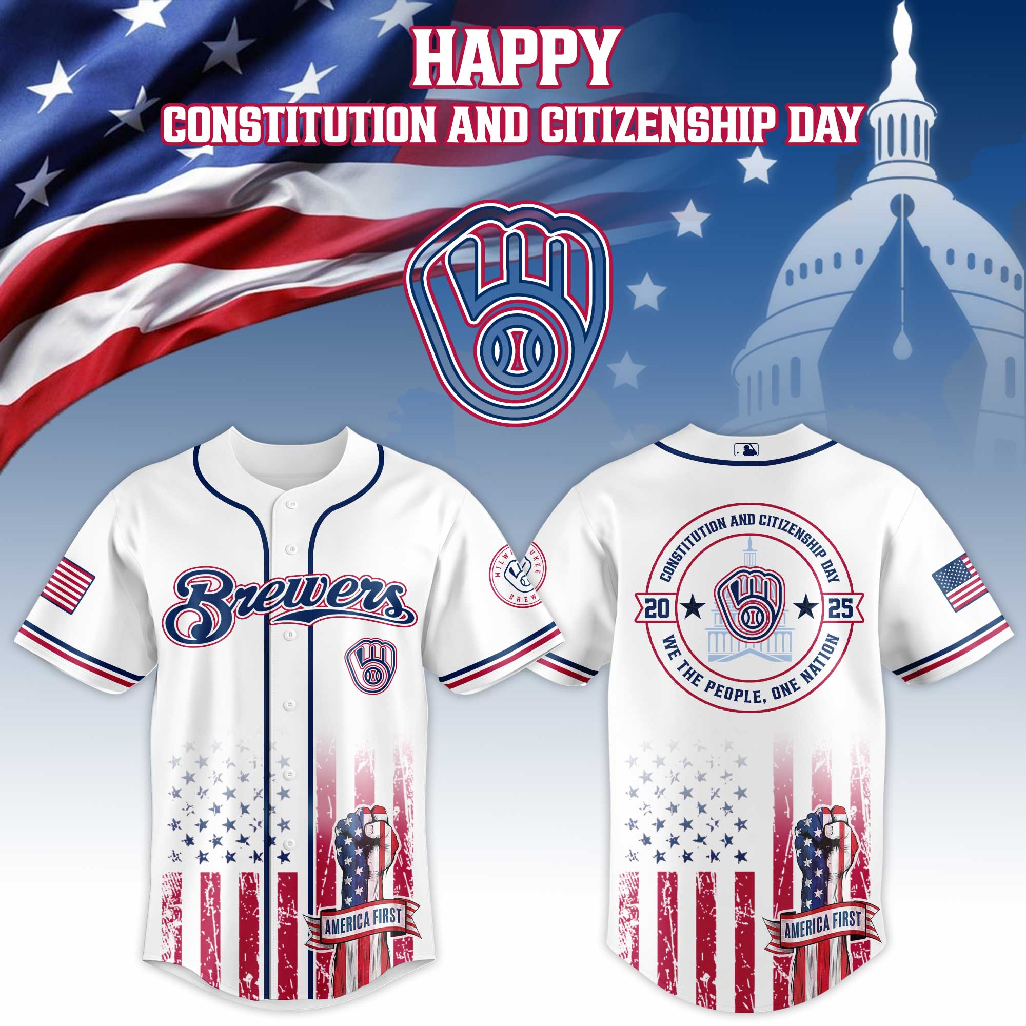 Milwaukee Brewers Mlb X Usa Happy Constitution And Citizenship Day Custom Baseball Jersey