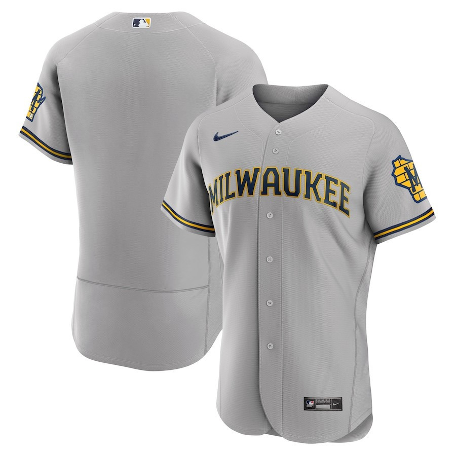 Milwaukee Brewers Road Team Logo Elite Baseball Jersey - Gray 