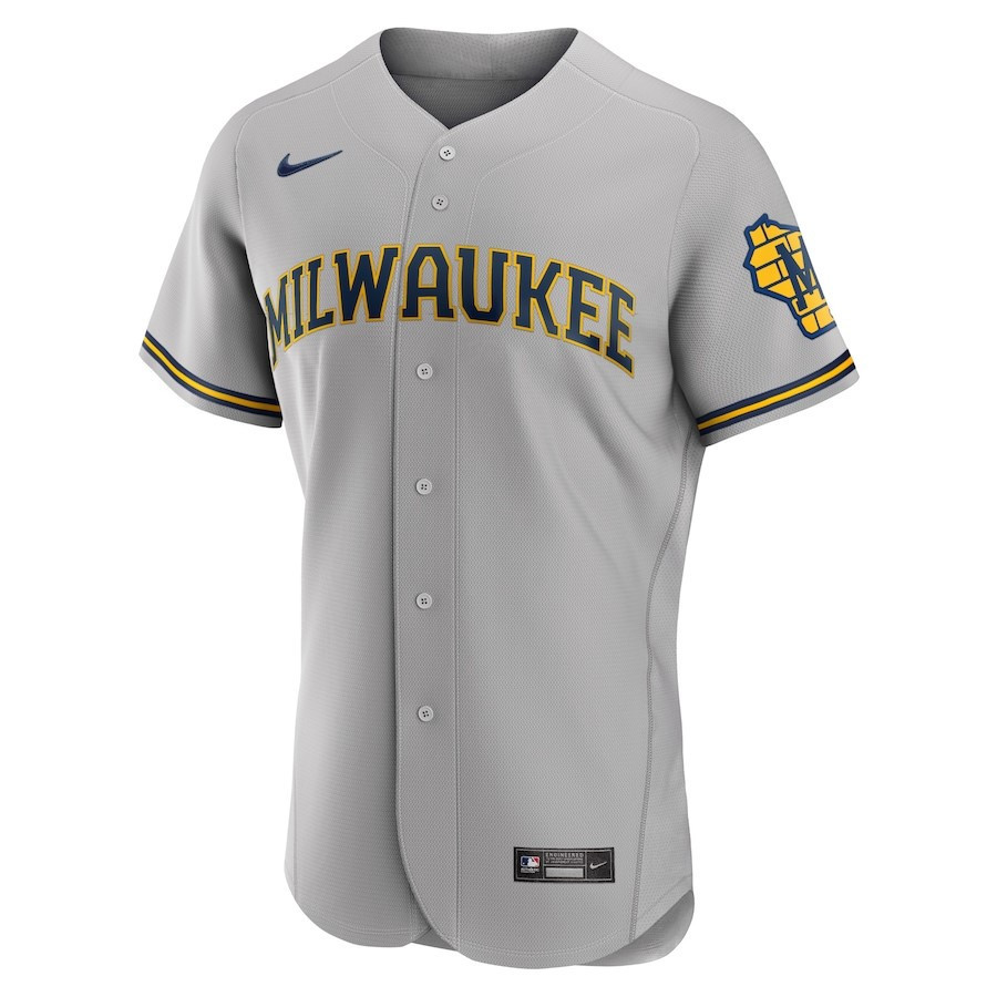 Alternative view of Milwaukee Brewers Road Team Logo Elite Baseball Jersey - Gray 