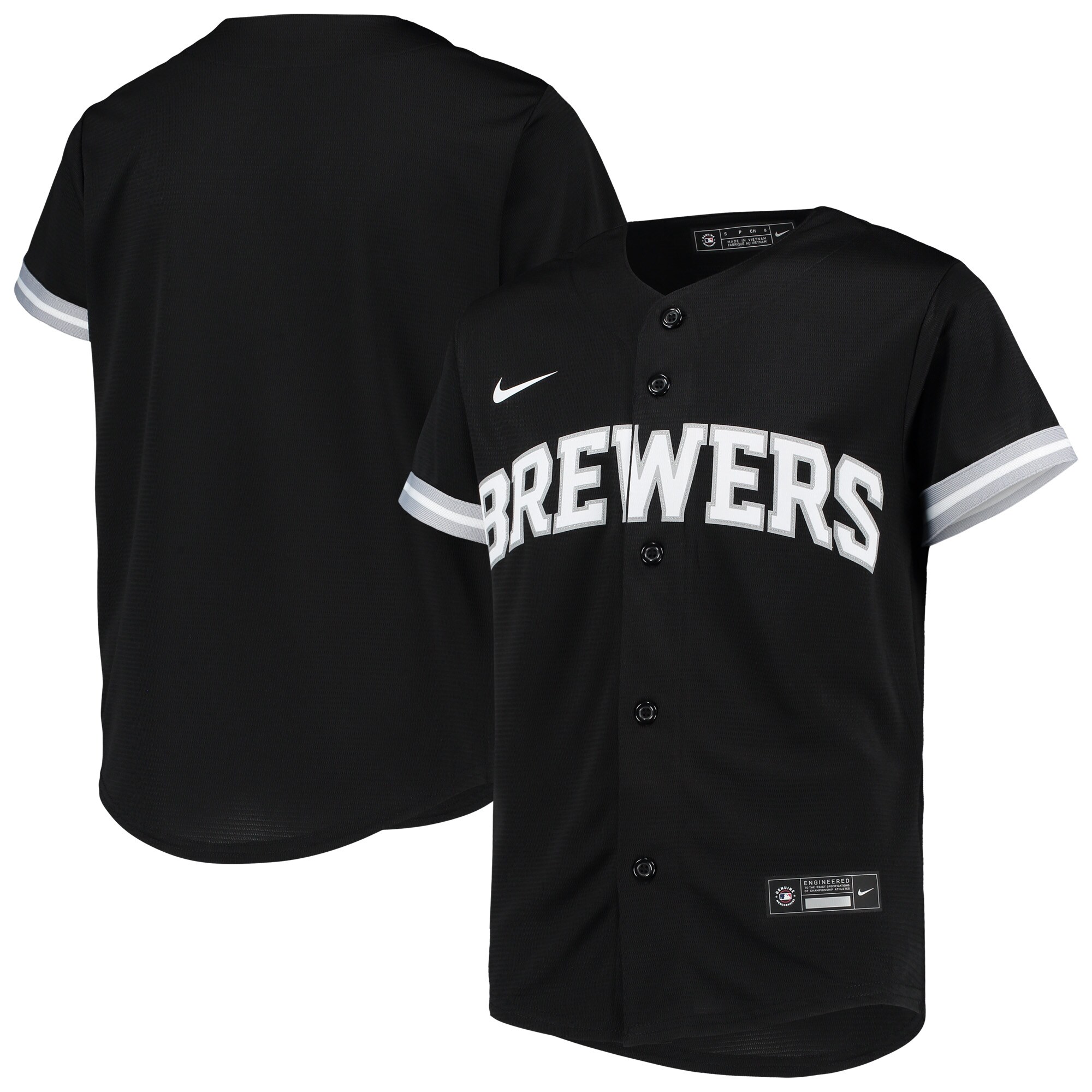Alternative view of Milwaukee Brewers Youth Replica Team Baseball Jersey - Black/white