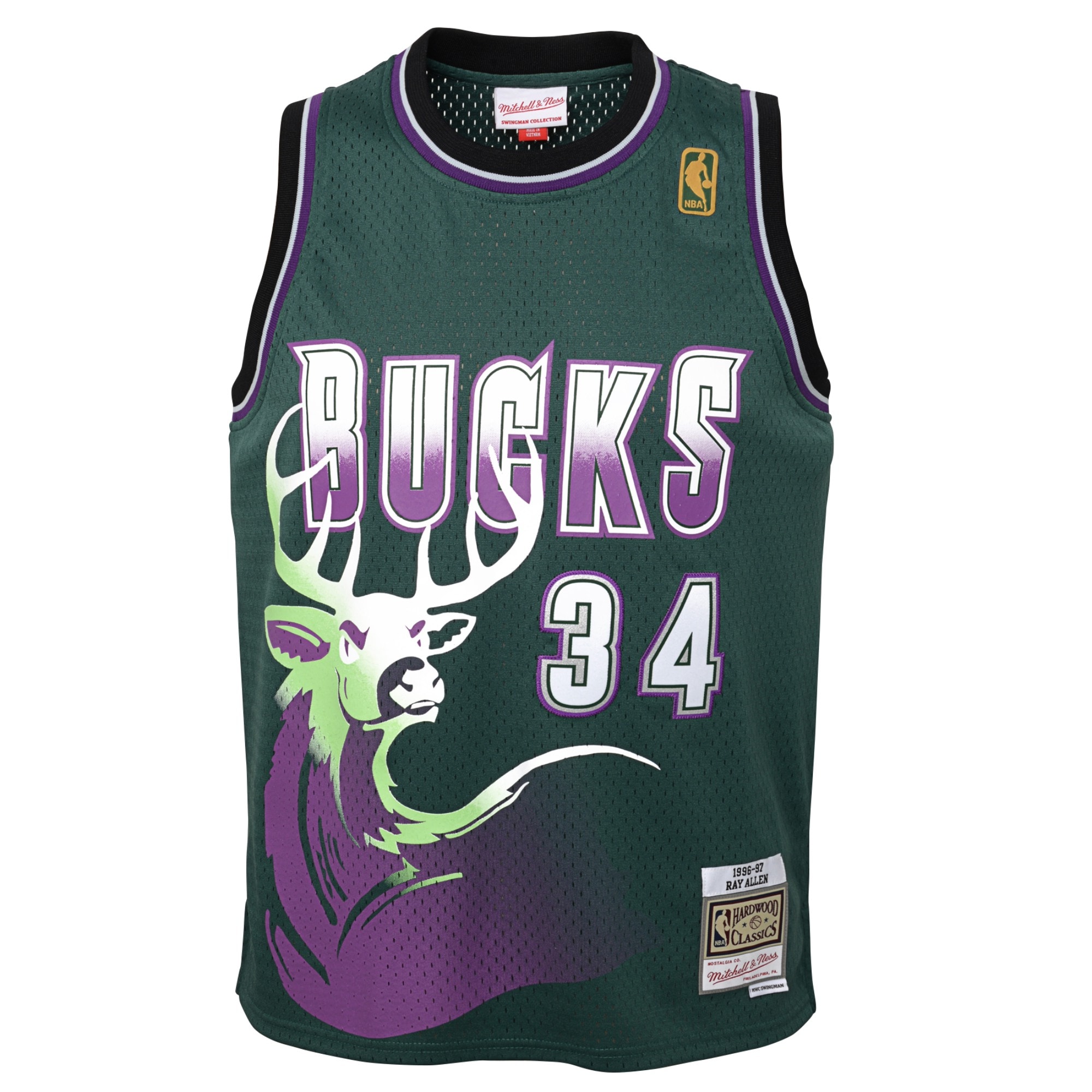 Alternative view of Milwaukee Bucks Ray Allen 1996-97 Hardwood Classics Swingman Basketball Jersey - Fir - Youth - JS653 