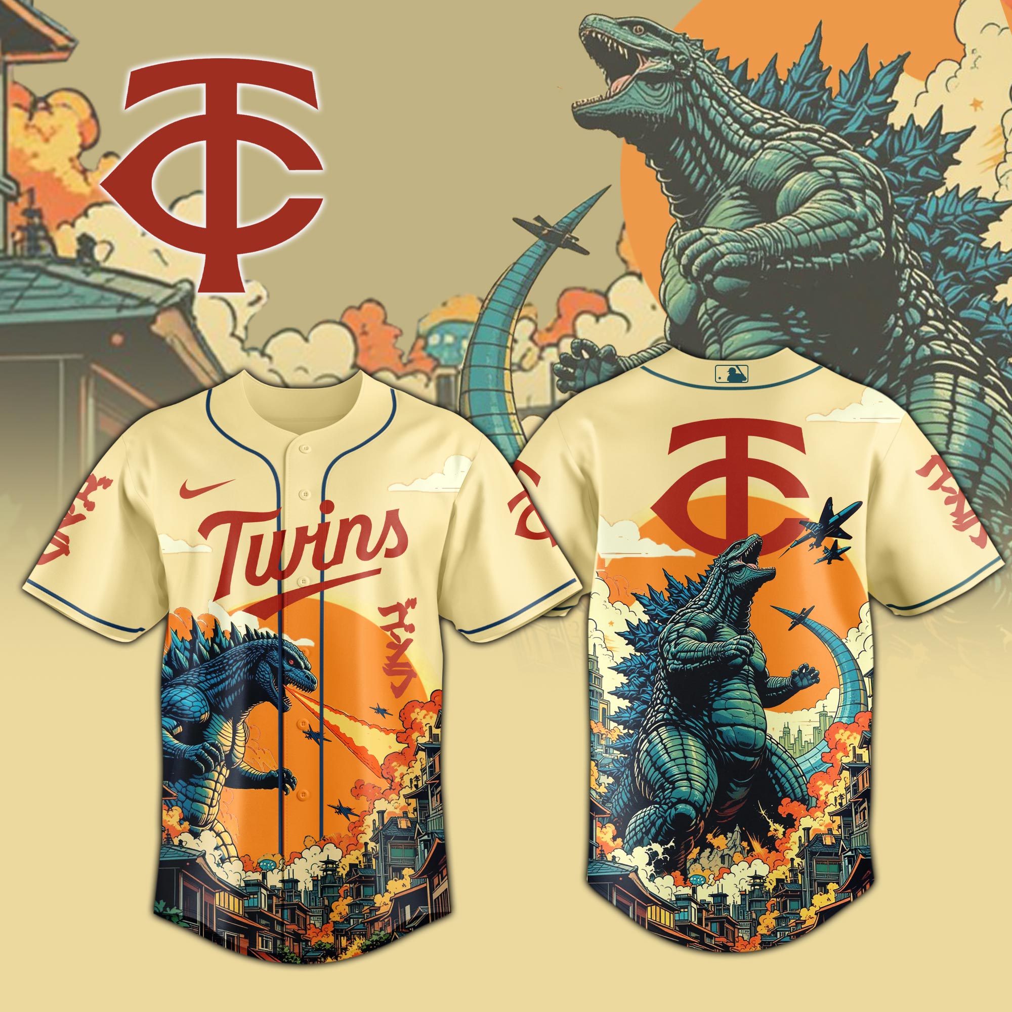 Minnesota Twins Mlb X Godzilla Attack Custom Baseball Jersey