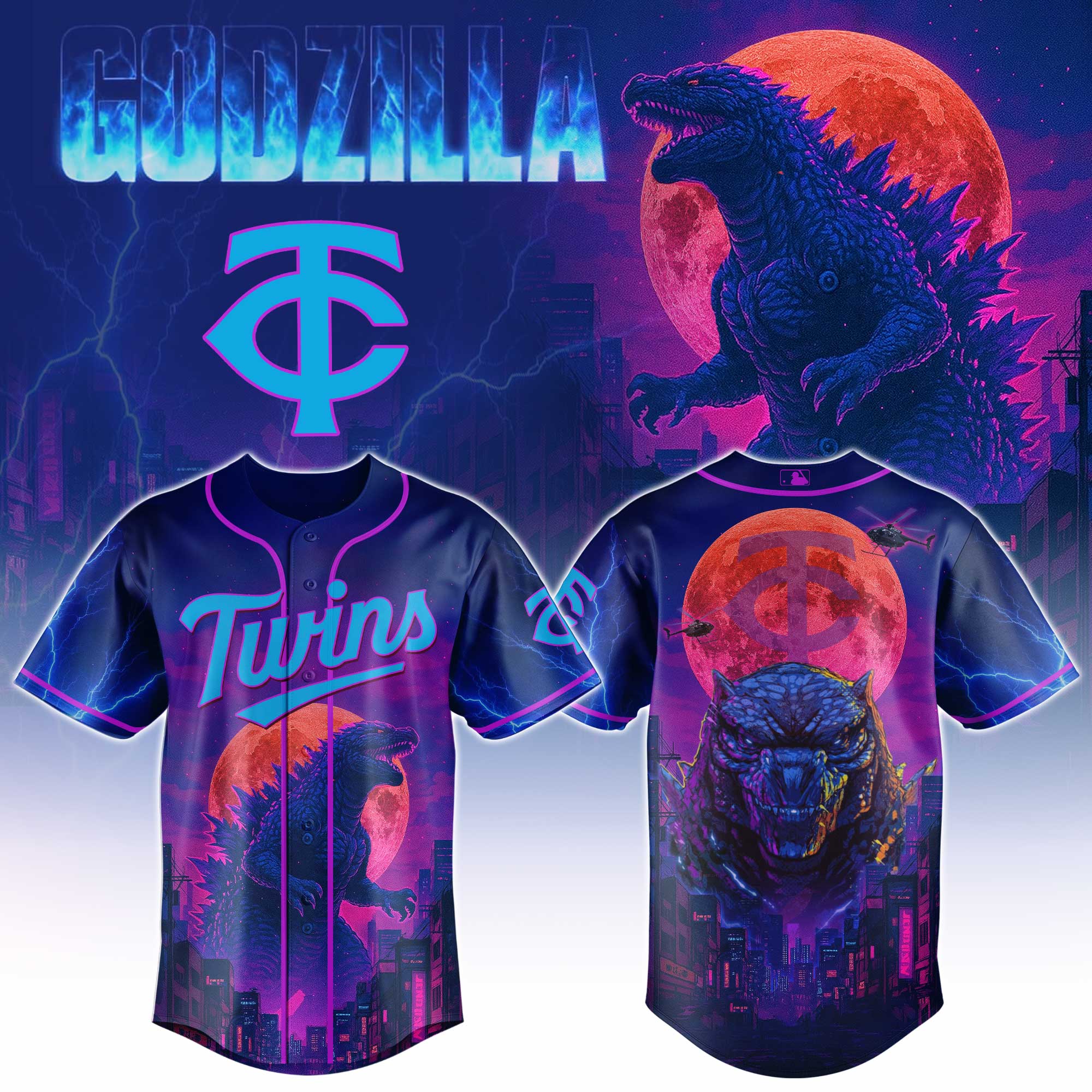 Minnesota Twins Mlb X Godzilla Neon City Custom Baseball Jersey