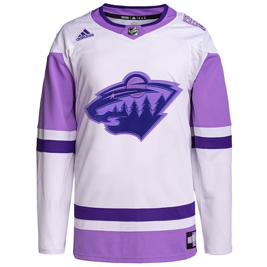 Alternative view of Minnesota Wild Hockey Fights Cancer Primegreen Custom Men Hockey Jersey - White/Purple - JS727 