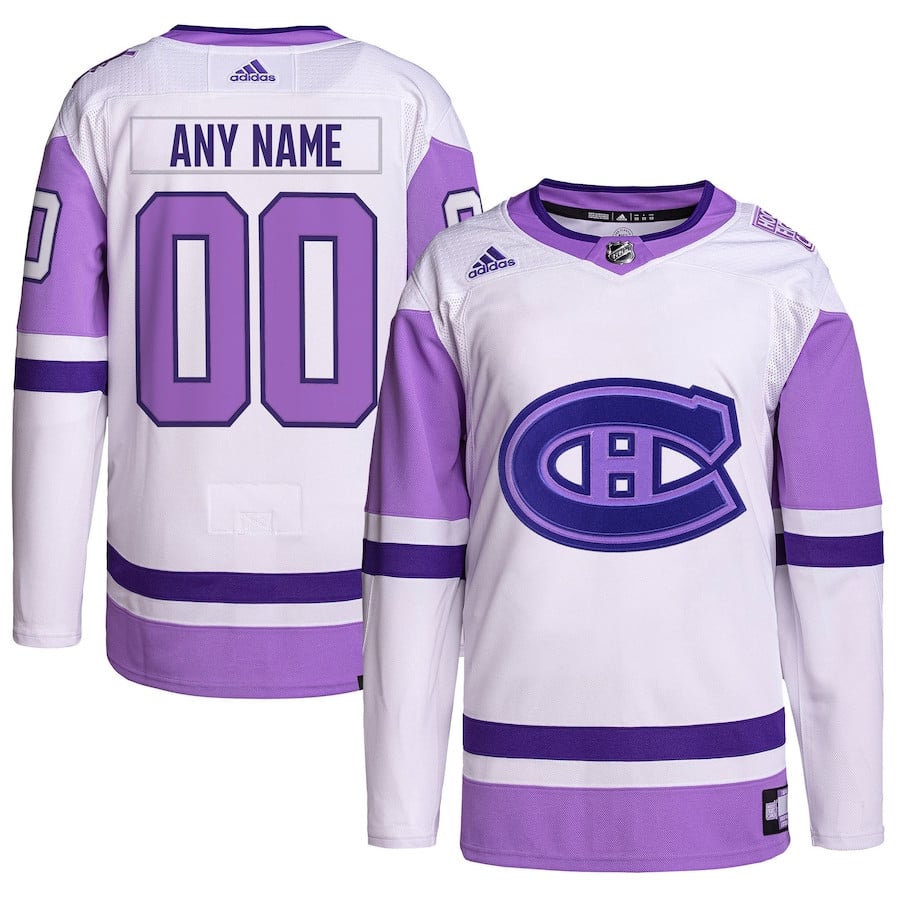 Montreal Canadiens Hockey Fights Cancer Primegreen Custom Men Hockey Jersey - White/Purple - JS158 