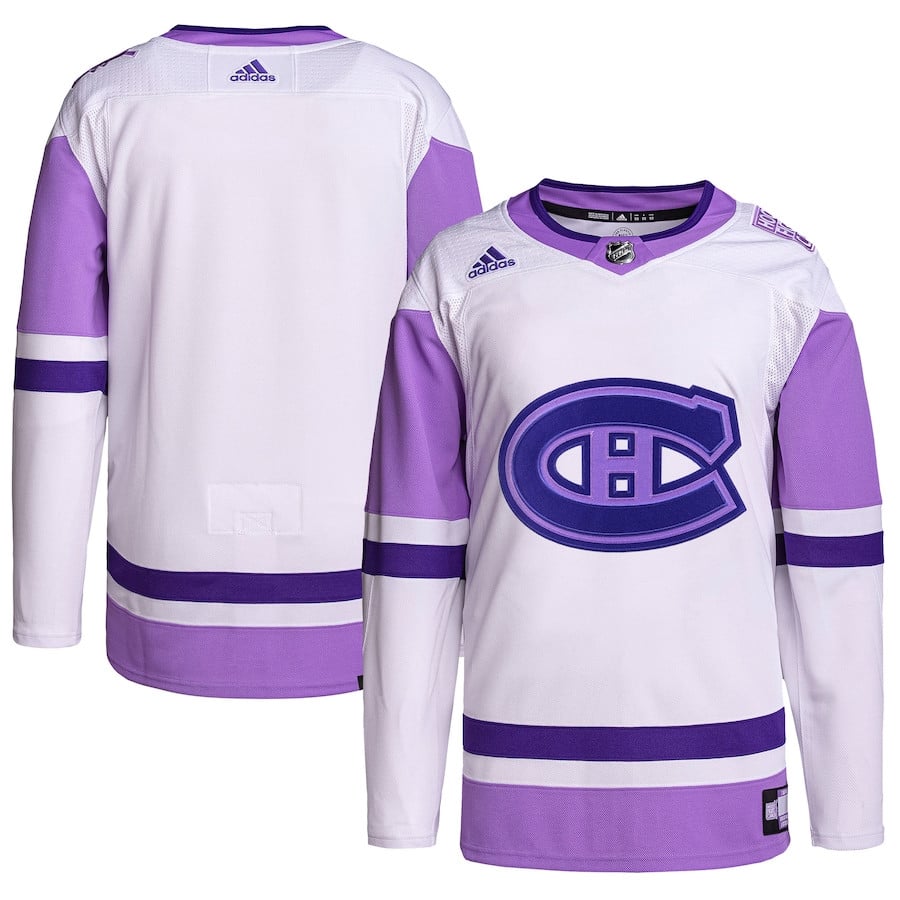 Montreal Canadiens Hockey Fights Cancer Primegreen Men Hockey Jersey - White/Purple - JS338 