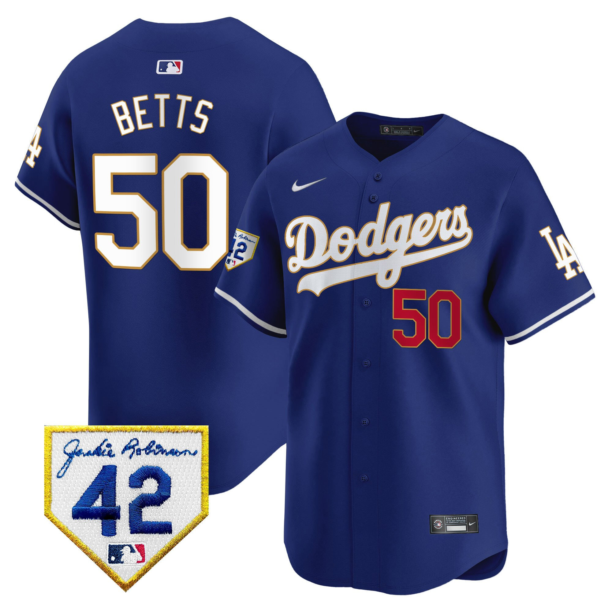 Mookie Betts 50 Los Angeles Dodgers 2024 Jackie Robinson Patch Men Baseball Jersey - Royal 