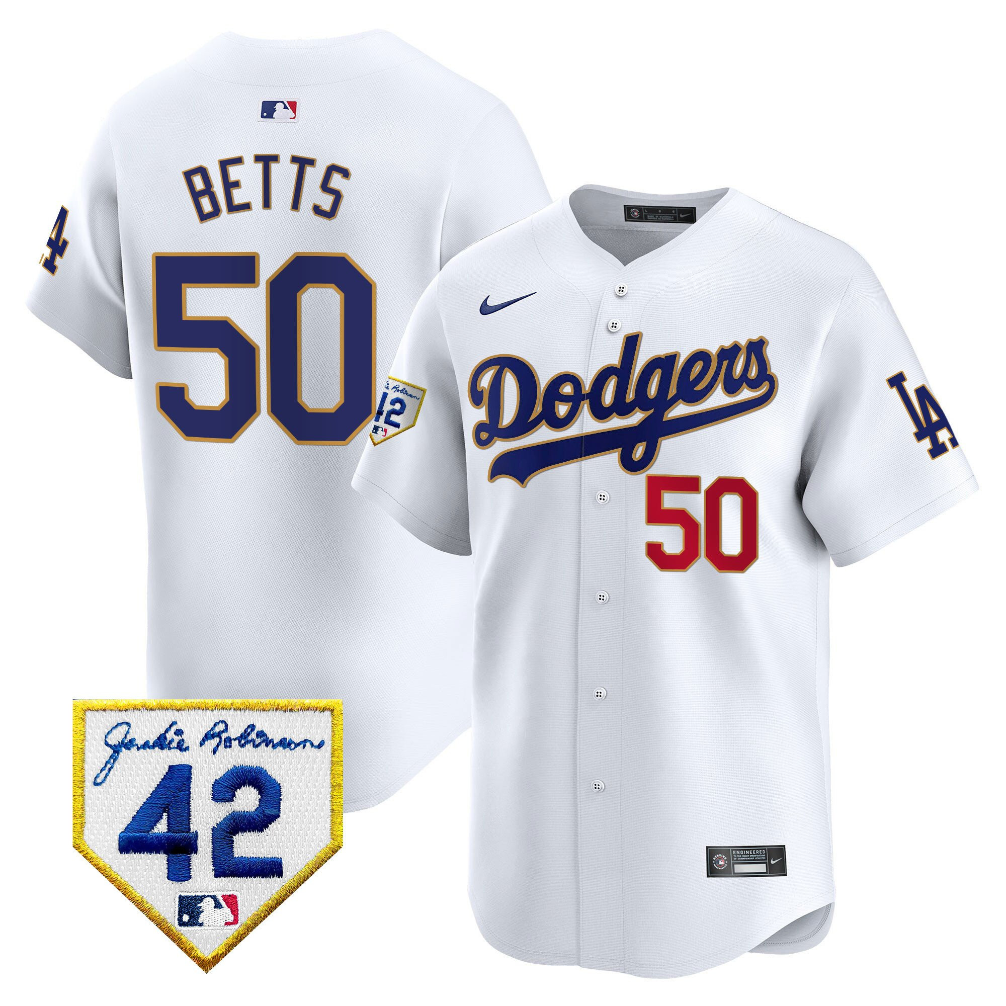 Mookie Betts 50 Los Angeles Dodgers 2024 Jackie Robinson Patch Men Baseball Jersey - White 