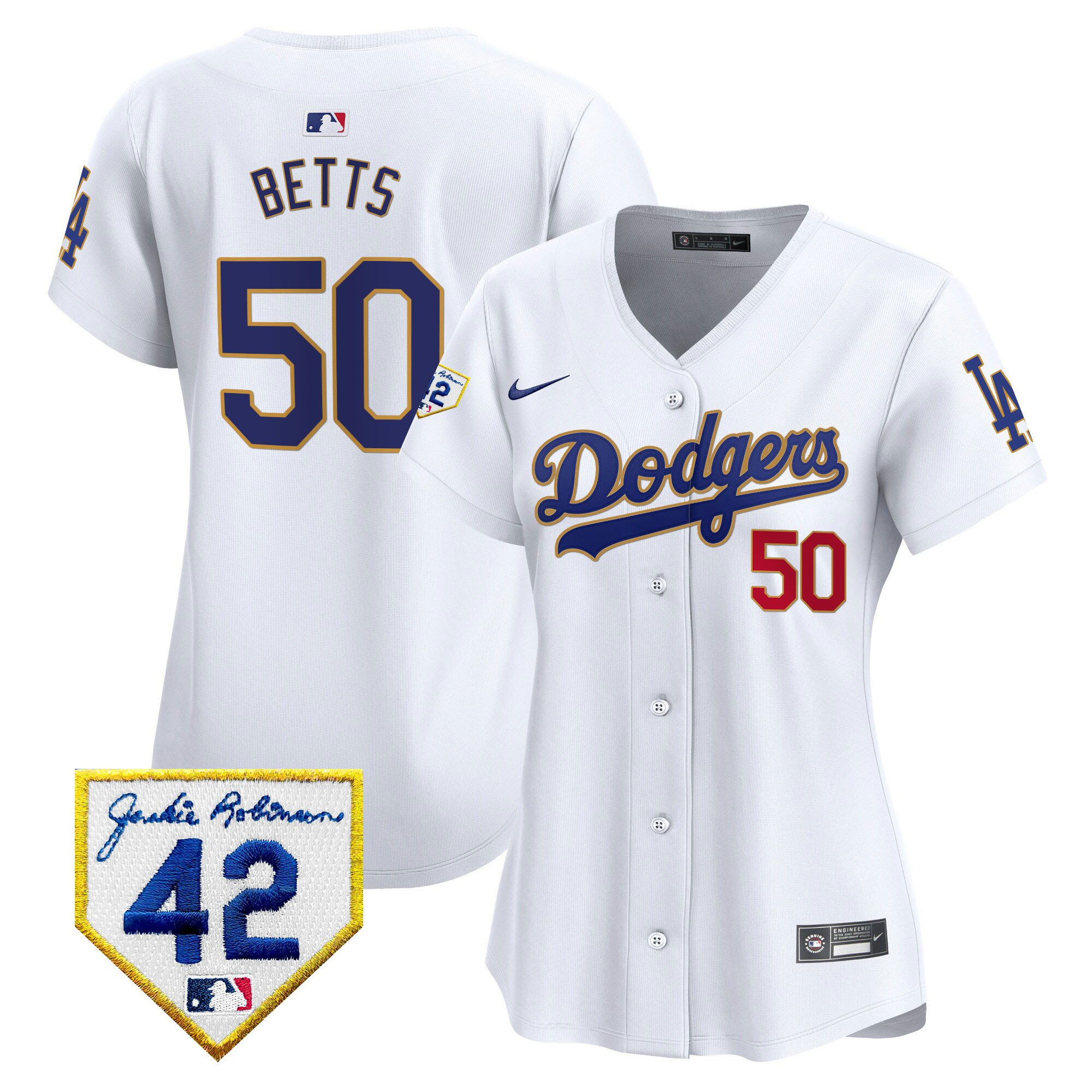 Mookie Betts 50 Los Angeles Dodgers 2024 Jackie Robinson Patch Women Baseball Jersey - White 