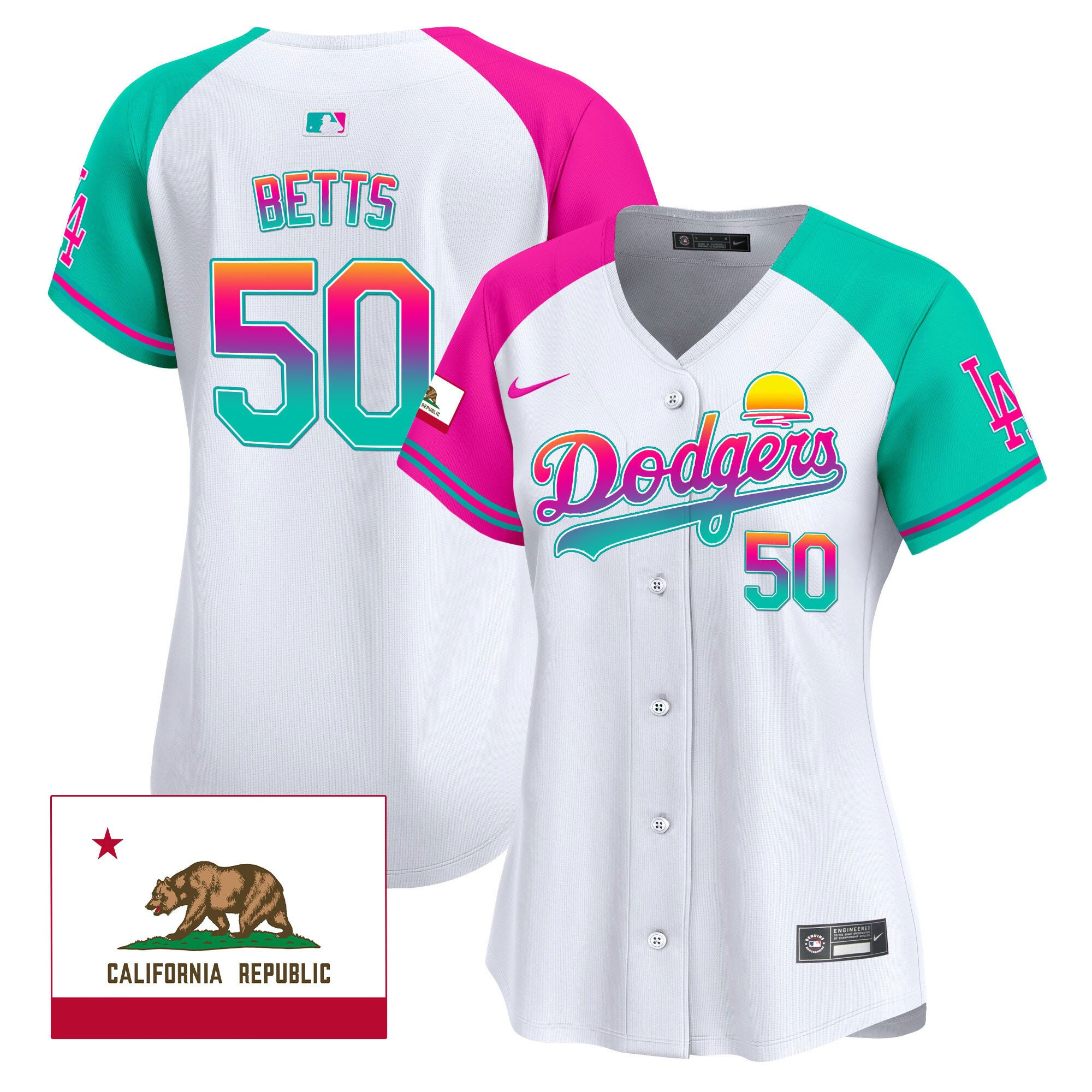 Mookie Betts 50 Los Angeles Dodgers 2024 Los Angeles City Style California Republic Patch Women Baseball Jersey - Alternate 