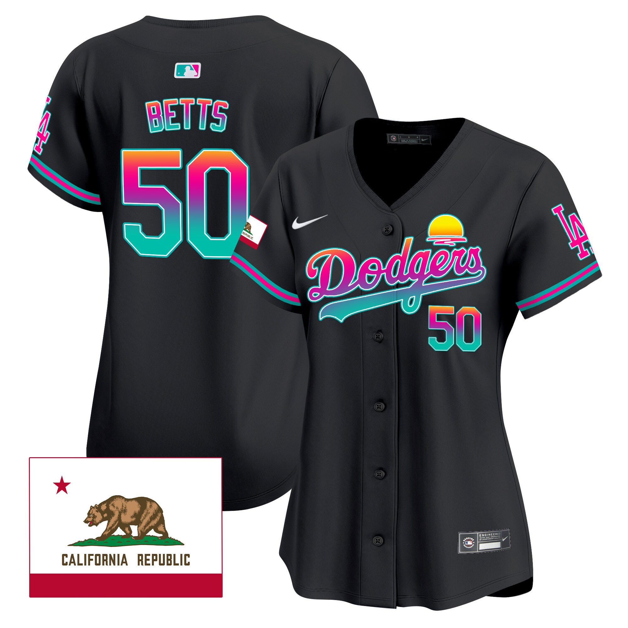 Mookie Betts 50 Los Angeles Dodgers 2024 Los Angeles City Style California Republic Patch Women Baseball Jersey - Black 