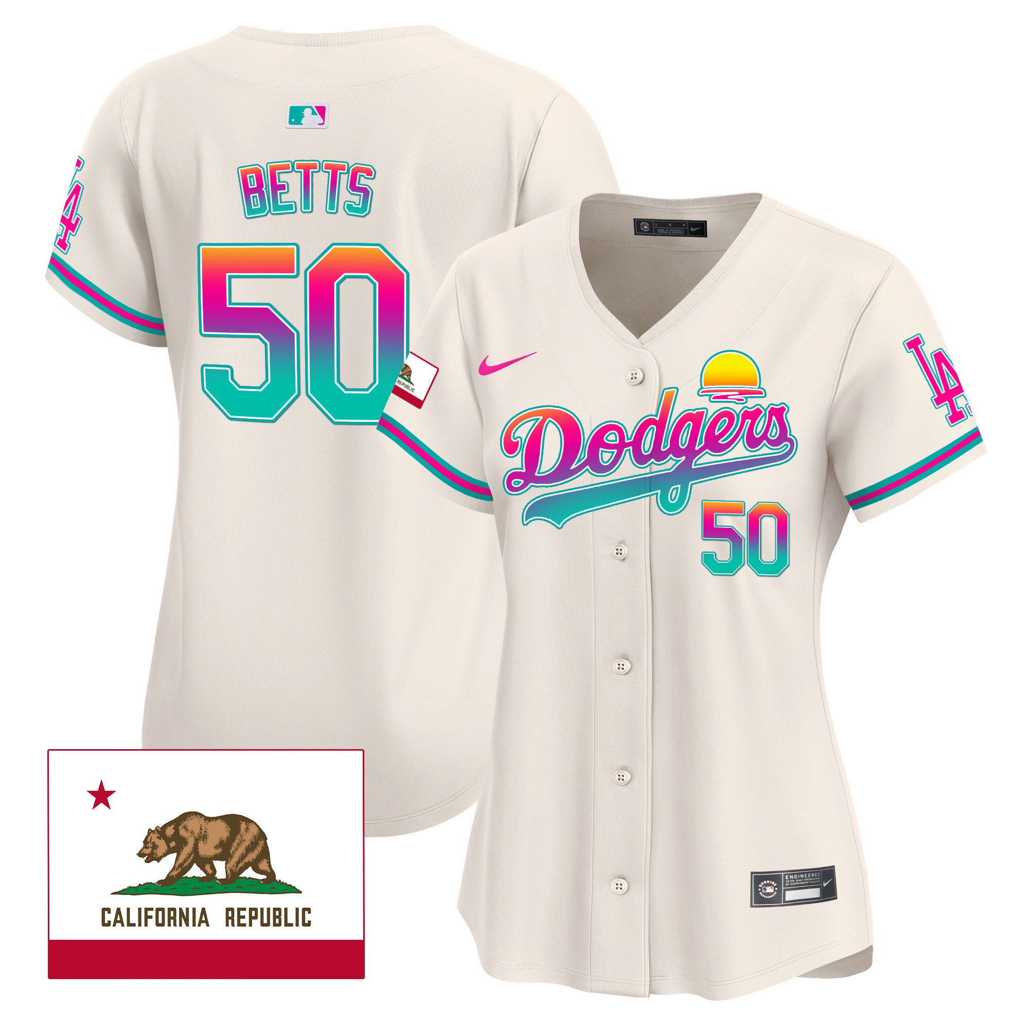 Mookie Betts 50 Los Angeles Dodgers 2024 Los Angeles City Style California Republic Patch Women Baseball Jersey - Cream 