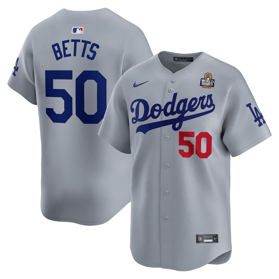 Mookie Betts 50 Los Angeles Dodgers 2024 World Series Alternate Limited Player Men Baseball Jersey - Gray 