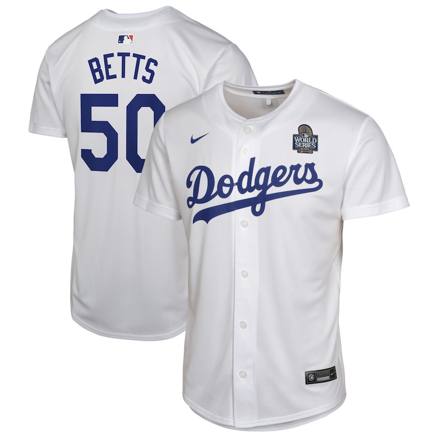 Mookie Betts 50 Los Angeles Dodgers 2024 World Series Game YOUTH Baseball Jersey - White 