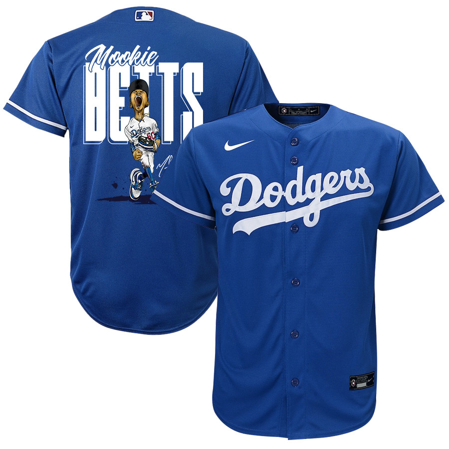 Mookie Betts 50 Los Angeles Dodgers Signed Cartoon 2023 Alternate Player YOUTH Baseball Jersey - Royal 