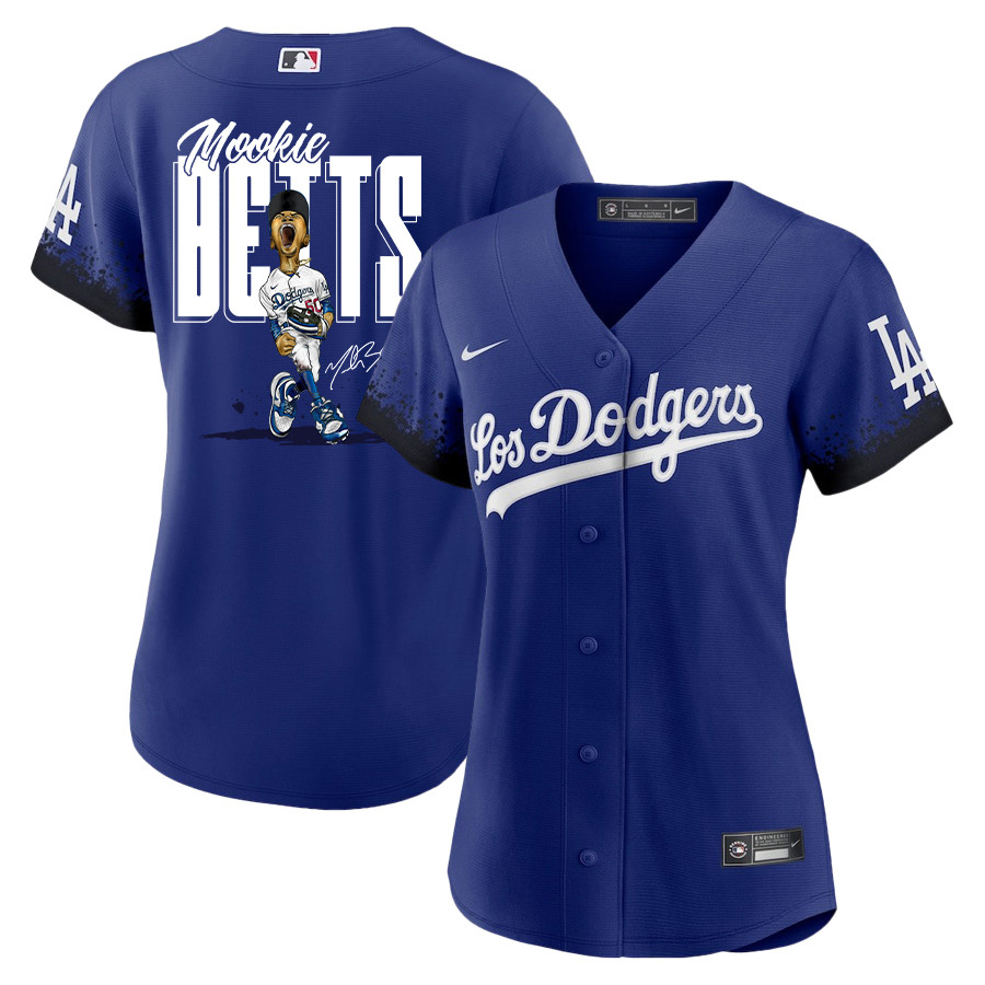 Mookie Betts 50 Los Angeles Dodgers Signed Cartoon 2023 City Connect Player Women Baseball Jersey - Royal 