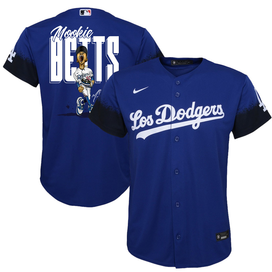Mookie Betts 50 Los Angeles Dodgers Signed Cartoon 2023 City Connect Player YOUTH Baseball Jersey - Royal 